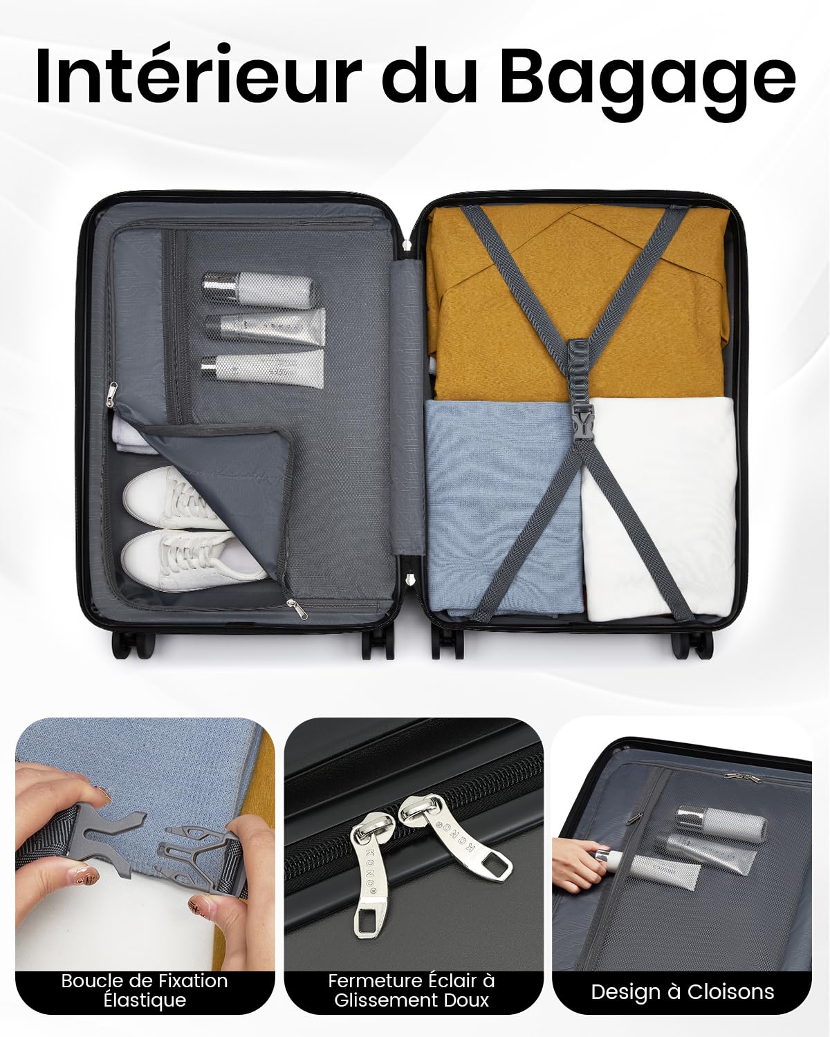 Kono Valise Grande Taille Soute 76.5cm 94L Valise Rigide ABS+PC Anti-salissure Imperméable Léger Résistant à la Compression 360° Roues Silencieuses avec Serrure Extérieure de Sécurité, Gris/Noir