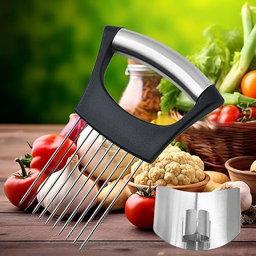 Miniatura 4 de 1 soporte de cebolla para rebanar, 1 protector de dedos para cortar alimentos, soporte de acero inoxidable para cortar cebolla, tenedor de cebolla,