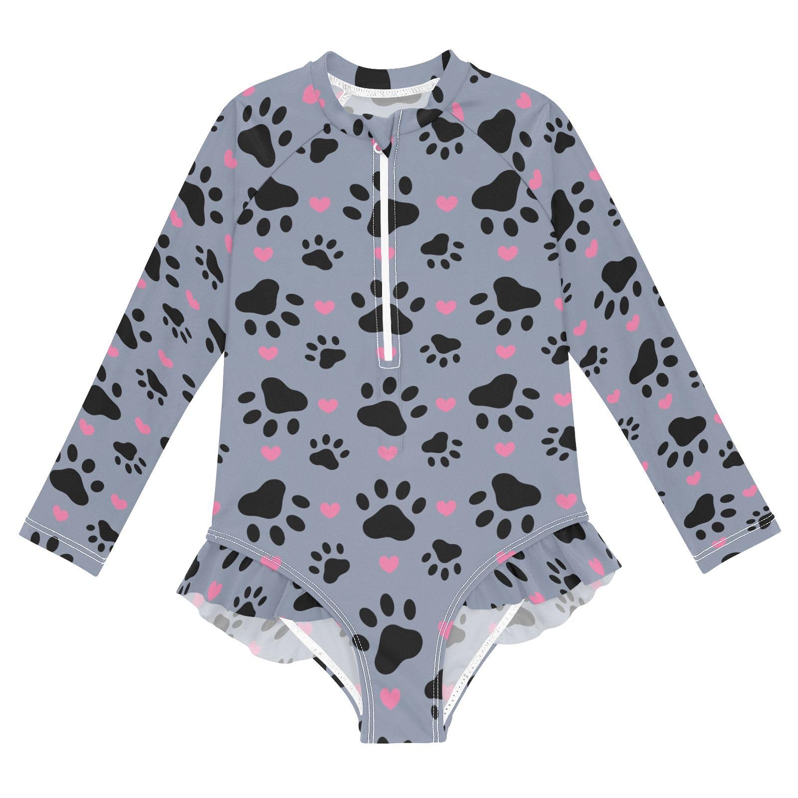 Ollabaky Baby Girls Long Sleeve Swimsuit Paw Print Dog Cat One Piece Bathing Suit Rash Guard UPF50+ Toddler Girl Swimwear, 7-8T Multi