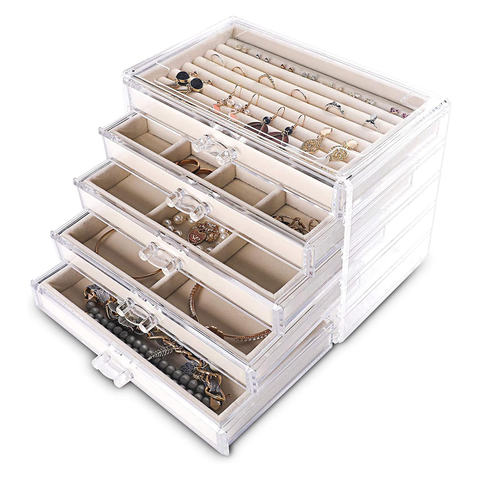 Tazweeq Earrings Organizer, Jewelry Organizer with 5 Drawers, Acrylic Stackable Jewelry Rack, Clear Earrings Organizer with Adjustable Velvet Tray for Women's Dresser Vanity, 5 Tiers