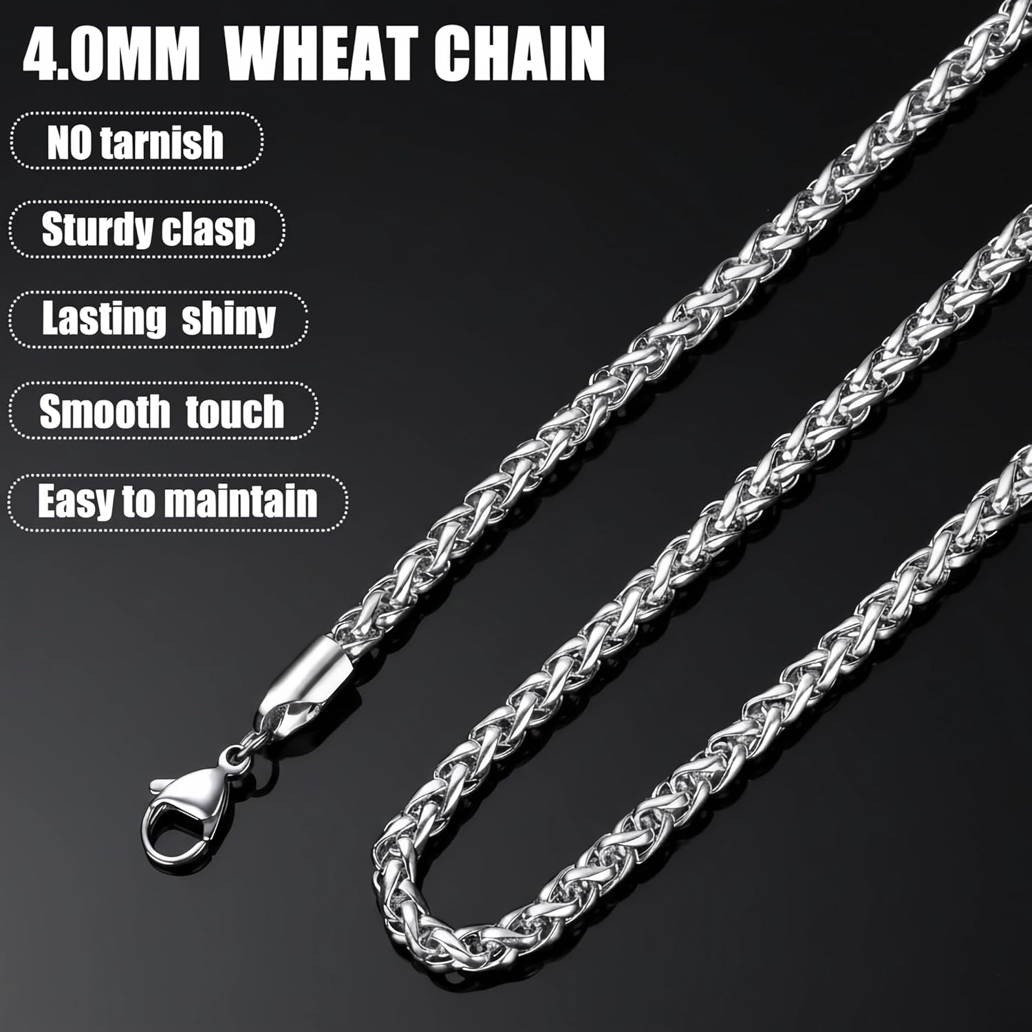 Fiusem Wheat Chains for Men and Women, 2/2.5/3/4/5mm Silver Tone/14K Gold Plated/Black Necklace Chain, Stainless Steel Mens Necklace 16-28 Inch - Image 6