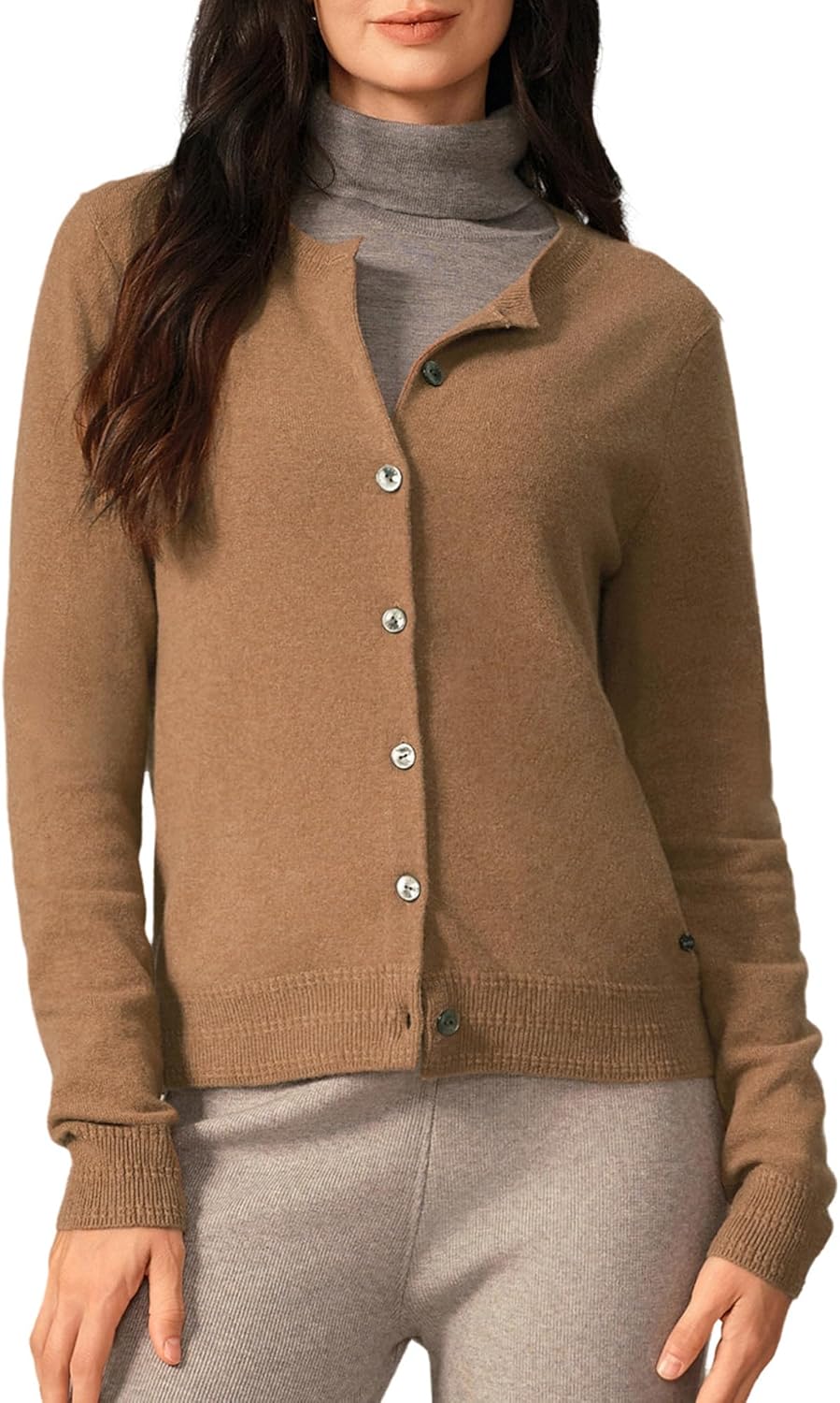 KVSS Women's 100% Pure Cashmere Cardigan Sweaters Machine Washable Crewneck Cardigans Button Up Long Sleeve for Winter