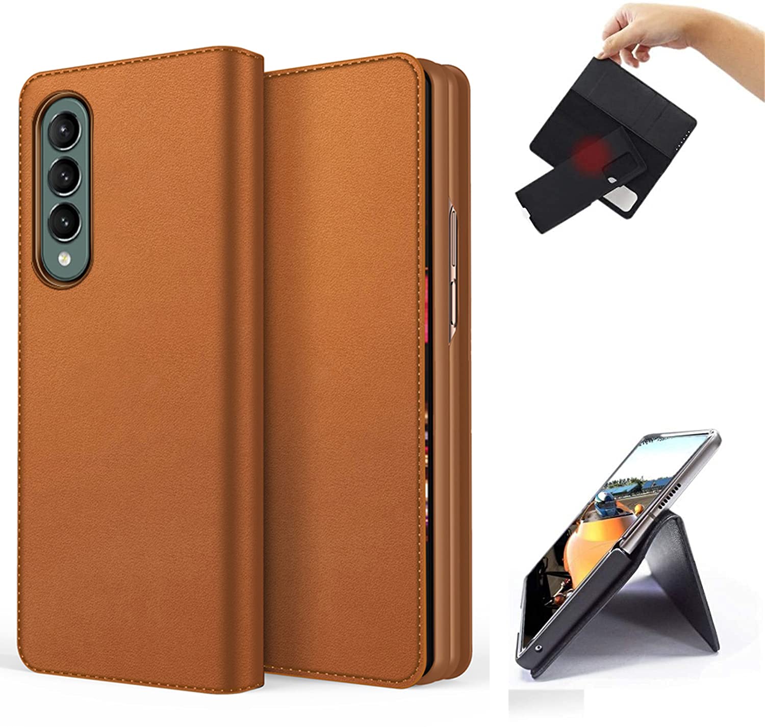 TPU Shockproof Kickstand Magnetic Leather Flip Cover with Pen Holder Compatible for Samsung Galaxy Z Fold 3 Wallet Case with Card Slot - Brown
