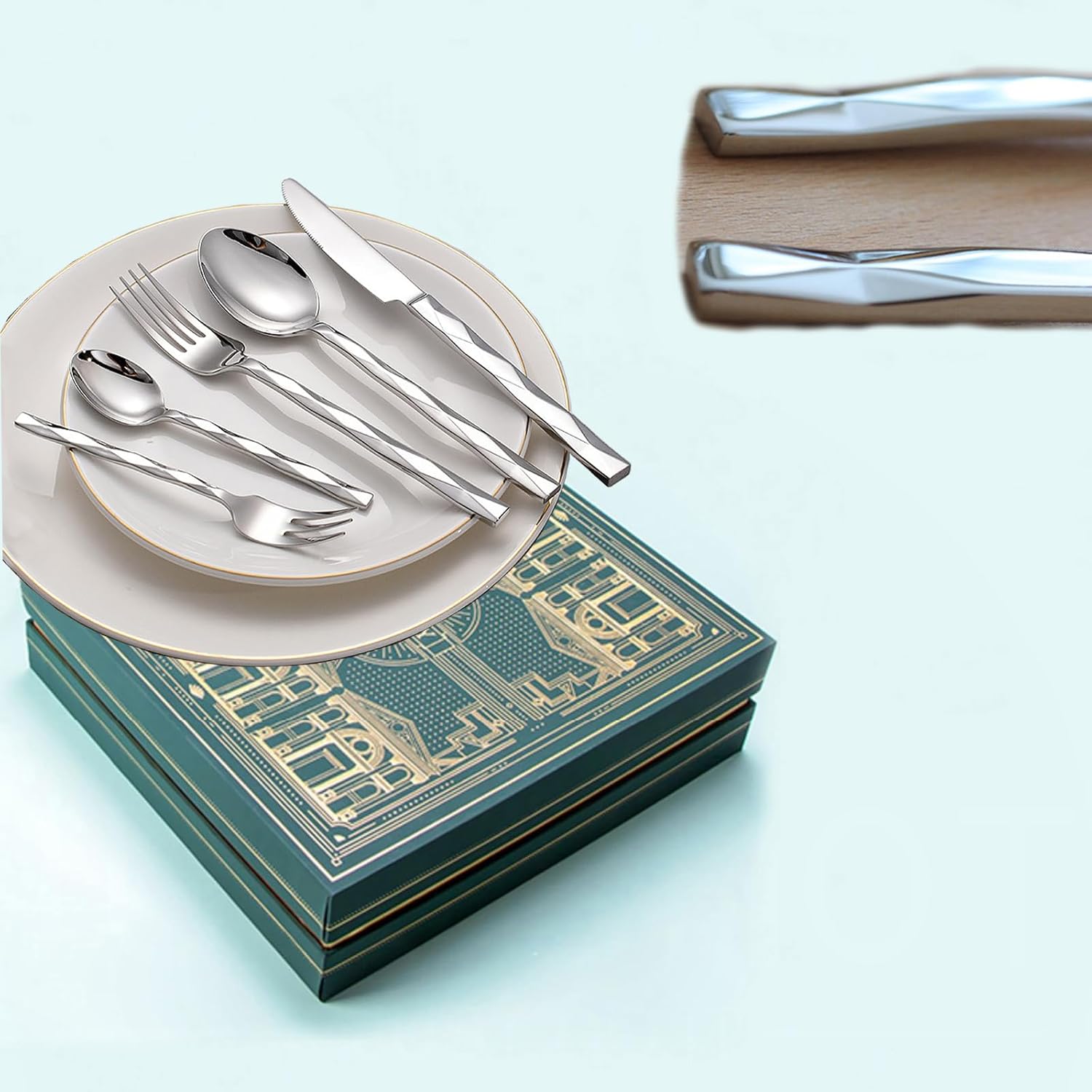 JUSTSHOT 40 Piece Square Silverware Set,1810 Stainless Steel Square Edge Flatware Set for 8,Cutlery Set with Diamond Cut Pattern,Silver Spoons and Forks Set,Mirror Polished,Dishwasher Safe