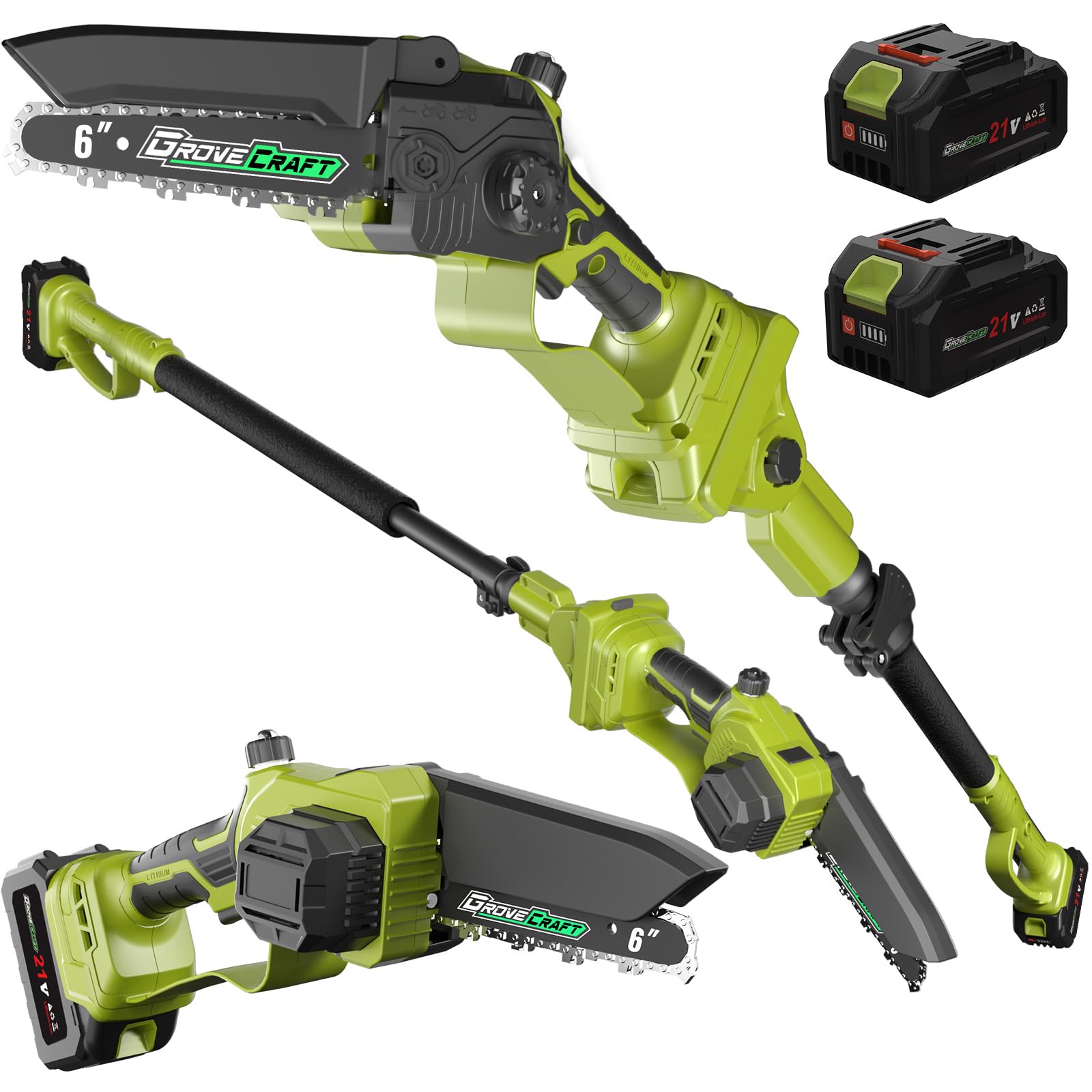 2-IN-1 Cordless Pole Saw & Mini Chainsaw, 21V 4.0Ah Battery Powered 6 Inch Electric Pole Chainsaw, 15Ft MAX Reach Pole Saw for Tree Trimming(2 * 4Ah Batteries and Fast Charger Included)