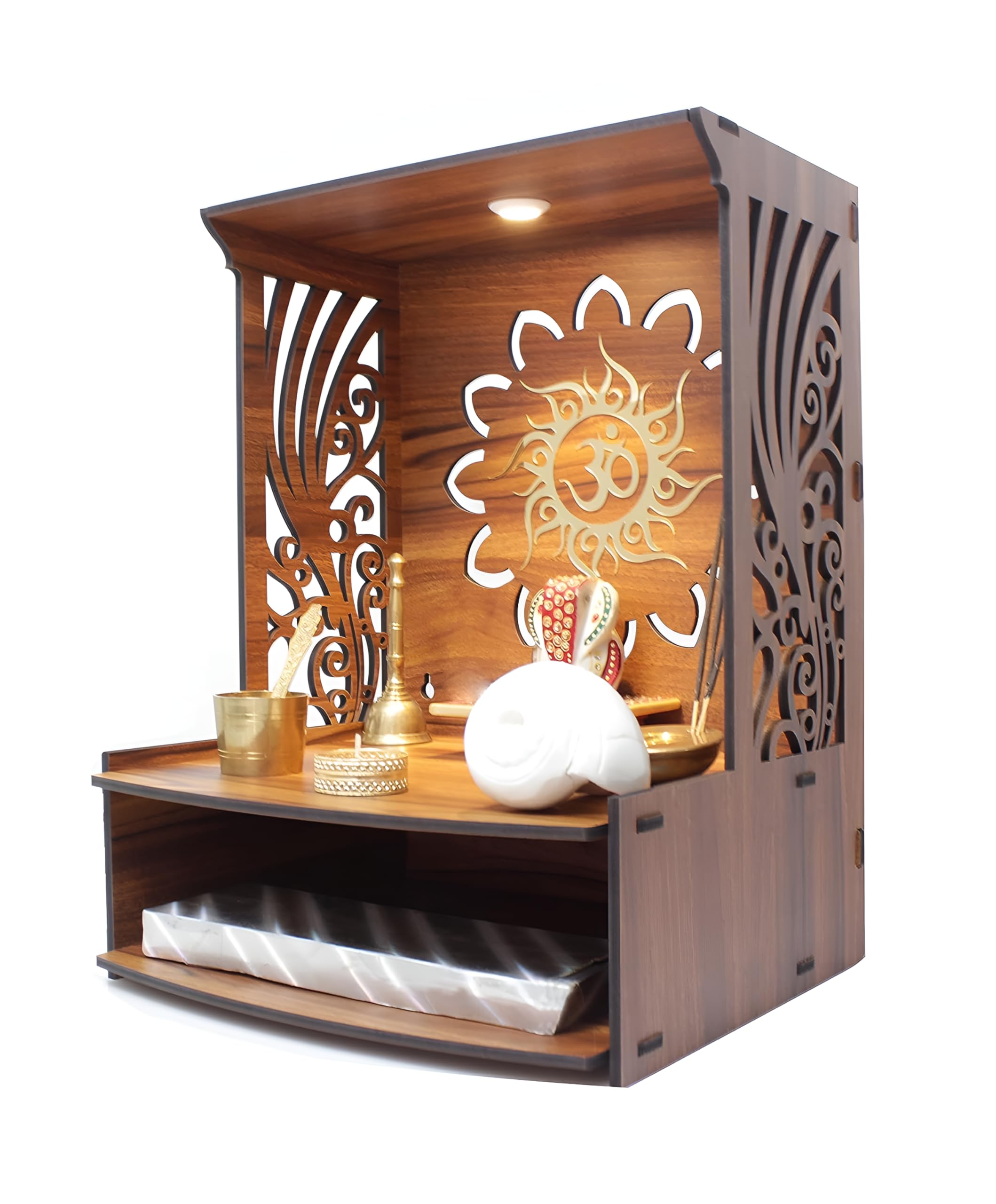 Beautiful Wooden Pooja Stand for Home Pooja Mandir for Home Temple for Home and Office Puja Mandir for with LED Spot Light Size (H- 15.5, L- 11.5, W-11 Inch)