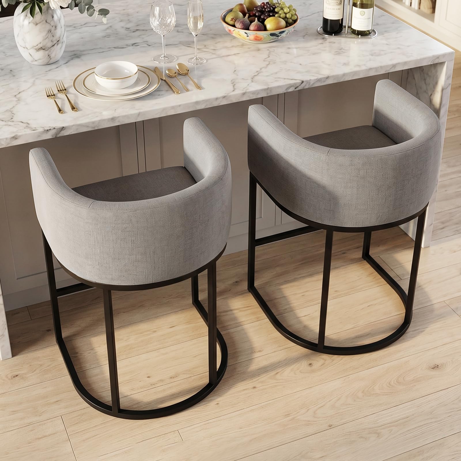 Barhocker 2er Set, Thekenhöhe Barhocker mit 62 cm hoch, Stoffbezogene Barstühle mit Leinenbezug, Küchenhocker mit Metallbeinen und Fußstütze, Tresenhocker für Küche, Esszimmer, Grau