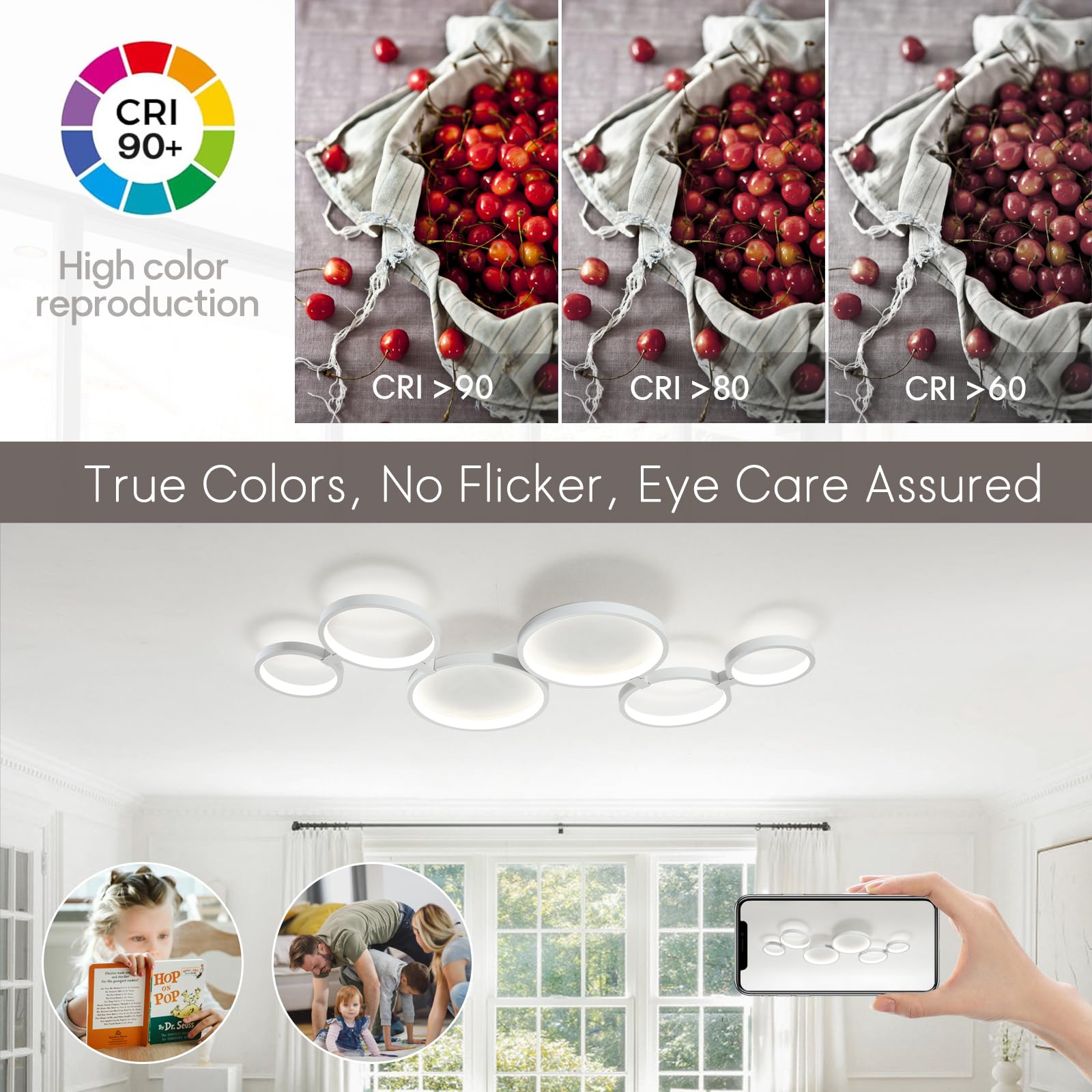 95 cm Lampadario Led Soffitto Moderni 6 Anelli Soggiorno, Dimmable Moderno Plafoniera Led Soffitto Camera Da Letto, 3000K-6500K Luce Funzione Di Memoria, Nessuno Sfarfallio, Timer(Bianco)