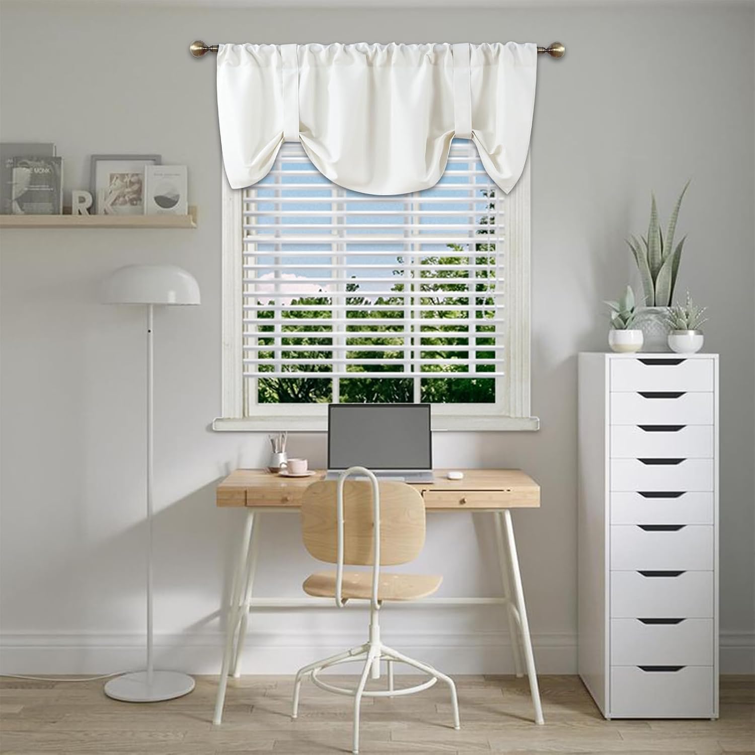 Home Queen Tie Up Curtain Valance Window Treatment for Living Room, Adjustable Balloon Rod Pocket Drape Valence, Set of 2, 54 X 20 Inch, White