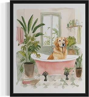 Golden Retriever in Bathtub Wall Art Poster Print, Animal Bathtub Restroom Wall Art Painting for Bathroom Decor Gallery Gallery 30 (Golden Retriever in Bathtub, 8 x 10 inches, Unframed)