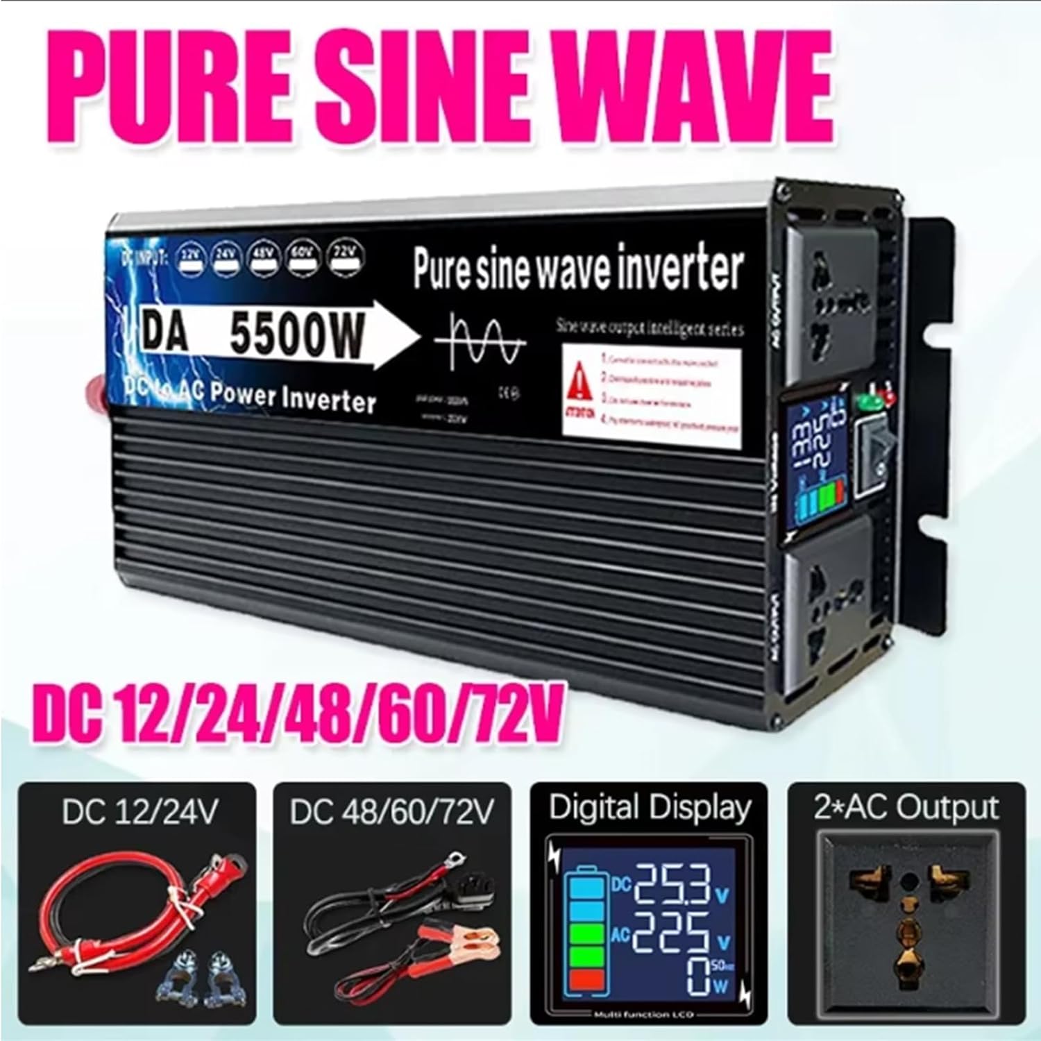 5500W Pure Sine Wave Power Inverter 12V 24V 48V 60V 72V Dc to Ac 110V 220V AC Converter, with 2 AC Outlets Split Phase Low Frequency Solar Inverter