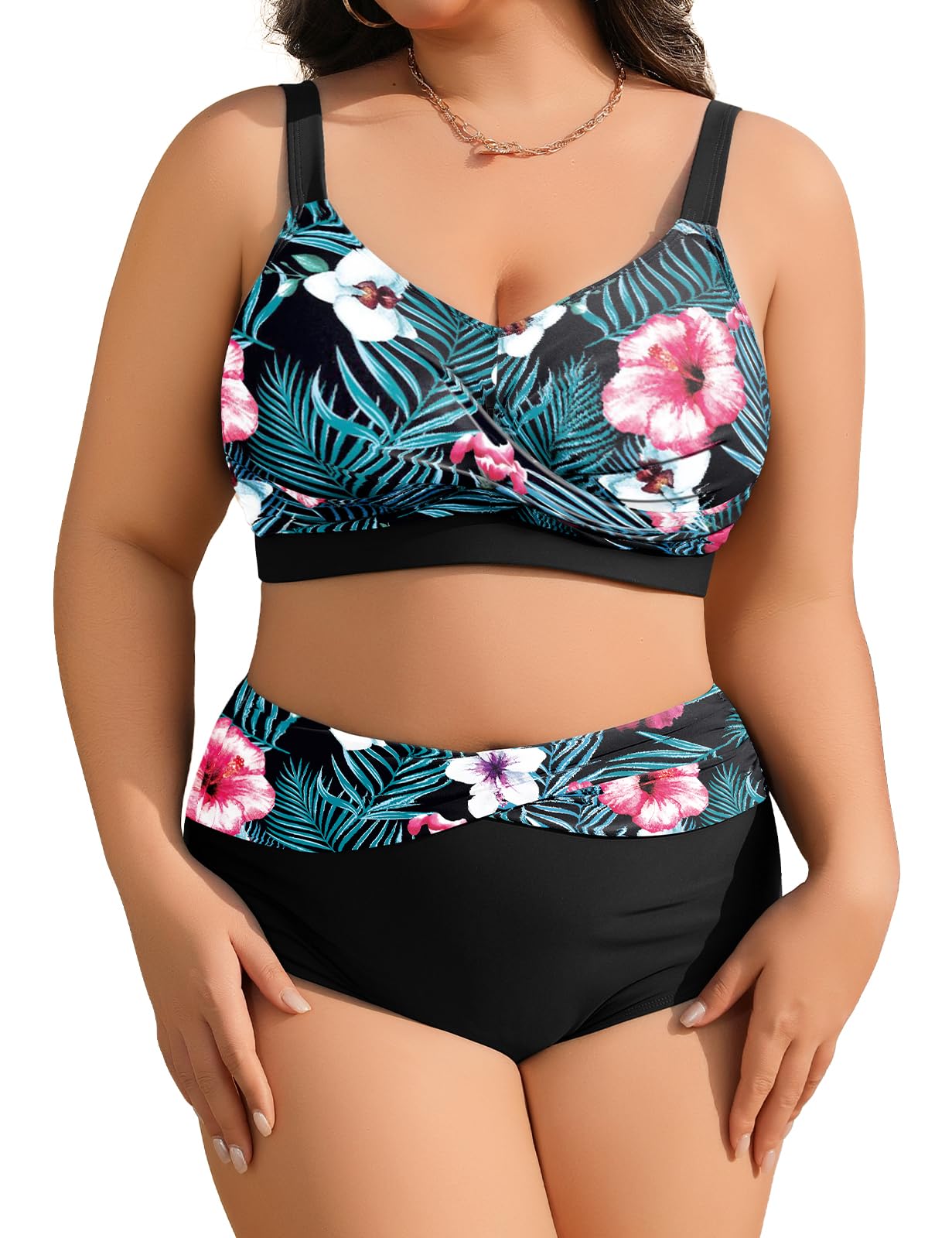 heekpek Maillot de Bain Femme 2 Pieces Grande Taille Bikini Taille Haute Col en V Maillot de Bain Ventre Plat Femme Push Up Rembourré Ensembles Maillots Deux Pièces