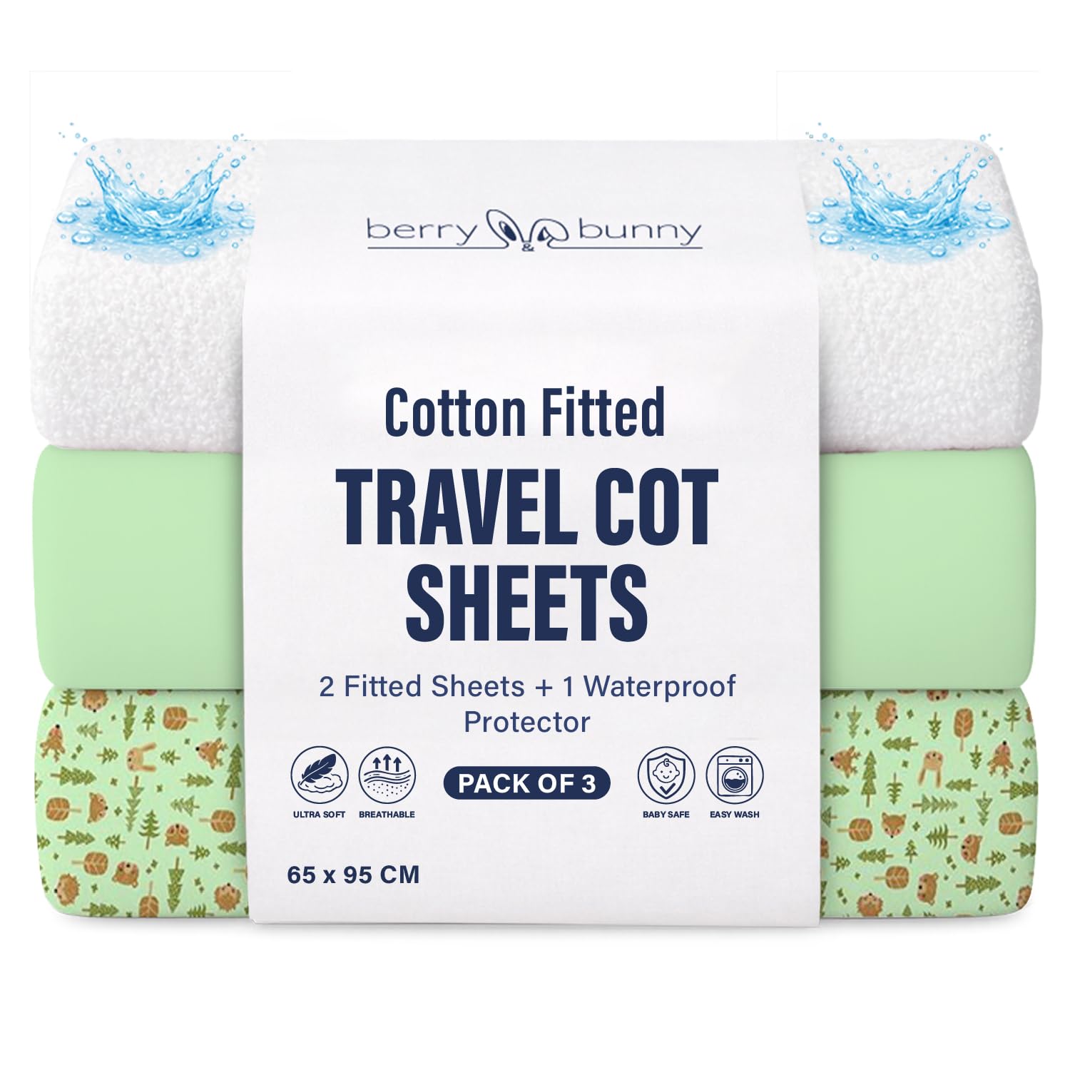 Berry & Bunny Terry White + Green Forest 3 Pack Travel Cot Sheets 95 X 65 Cm – 100% Cotton 2 Fitted Sheets & 1 Waterproof Mattress Protector Cover – Soft Breathable Bedside Baby Cot Sheets For Baby Mattress – Green Forest