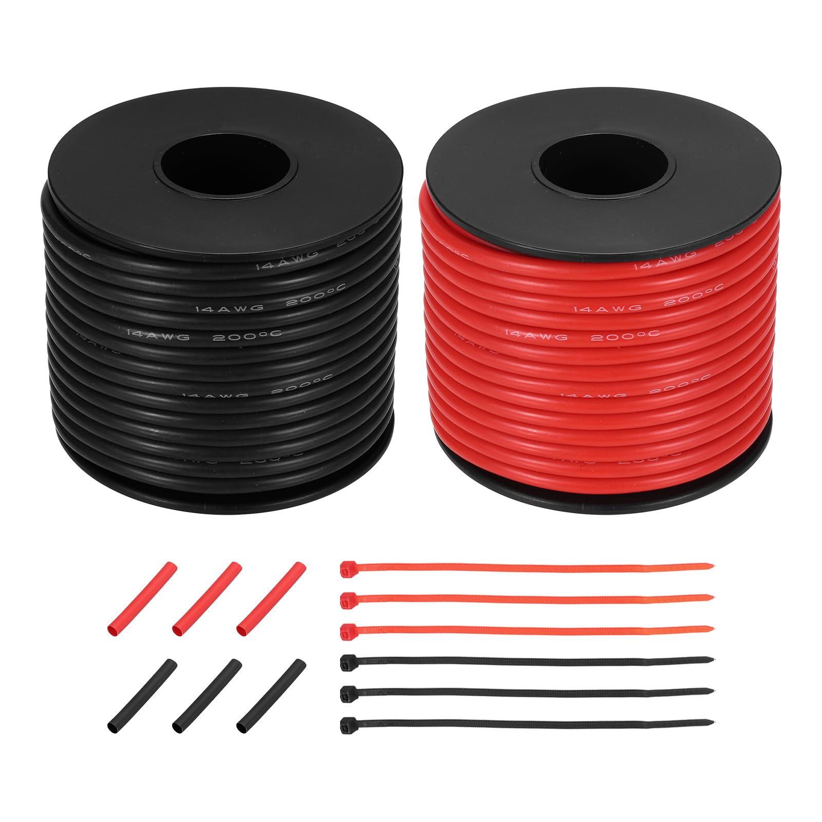 sourcing map 2pcs 14 AWG Silicone Electrical Wire Spool, 14 Gauge 15.2m/50ft Tinned Copper Electrical Wires with Heat Shrink Tubing & Cable Ties for Automotive, RV Inverter - Red & Black