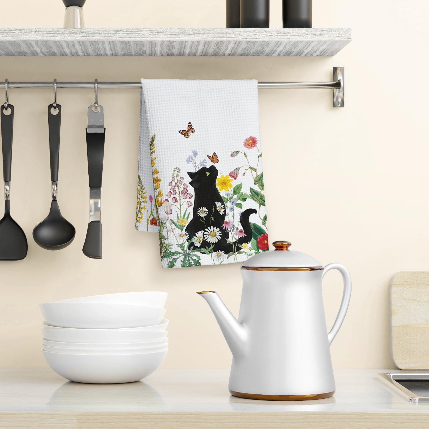 Black Cat Floral Spring Kitchen Towels Dish Towels, 16x24 Inch Farmhouse Summer Plants Decoration Hand Towels - Image 5