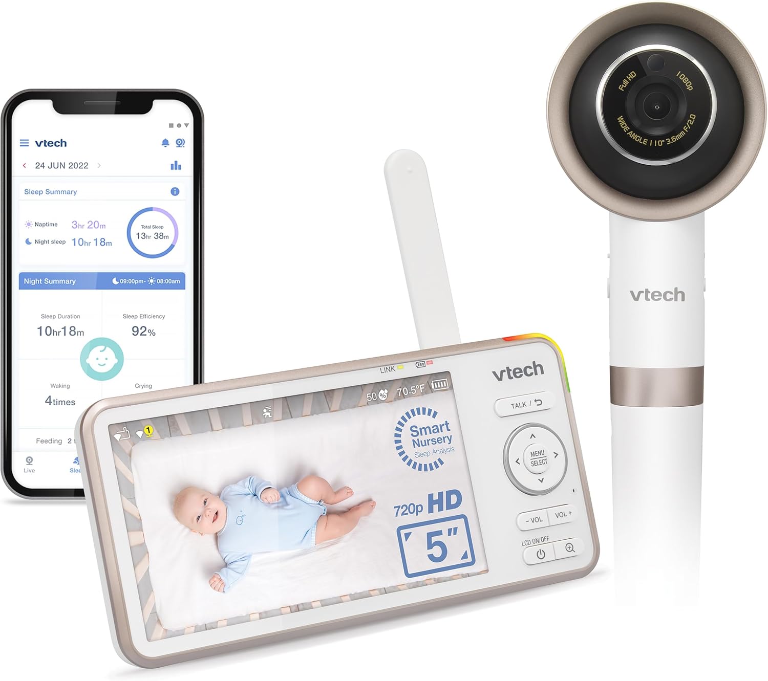 VTech V-Care 1080p FHD Over-The-Crib WiFi Smart Baby Monitor with 5