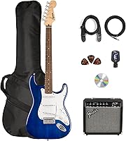 Vista 17 de Paquete Fender Squier Affinity Stratocaster Edición Limitada con amplificador Frontman 10G, estuche, cable de instrumento, correa, púas y DVD