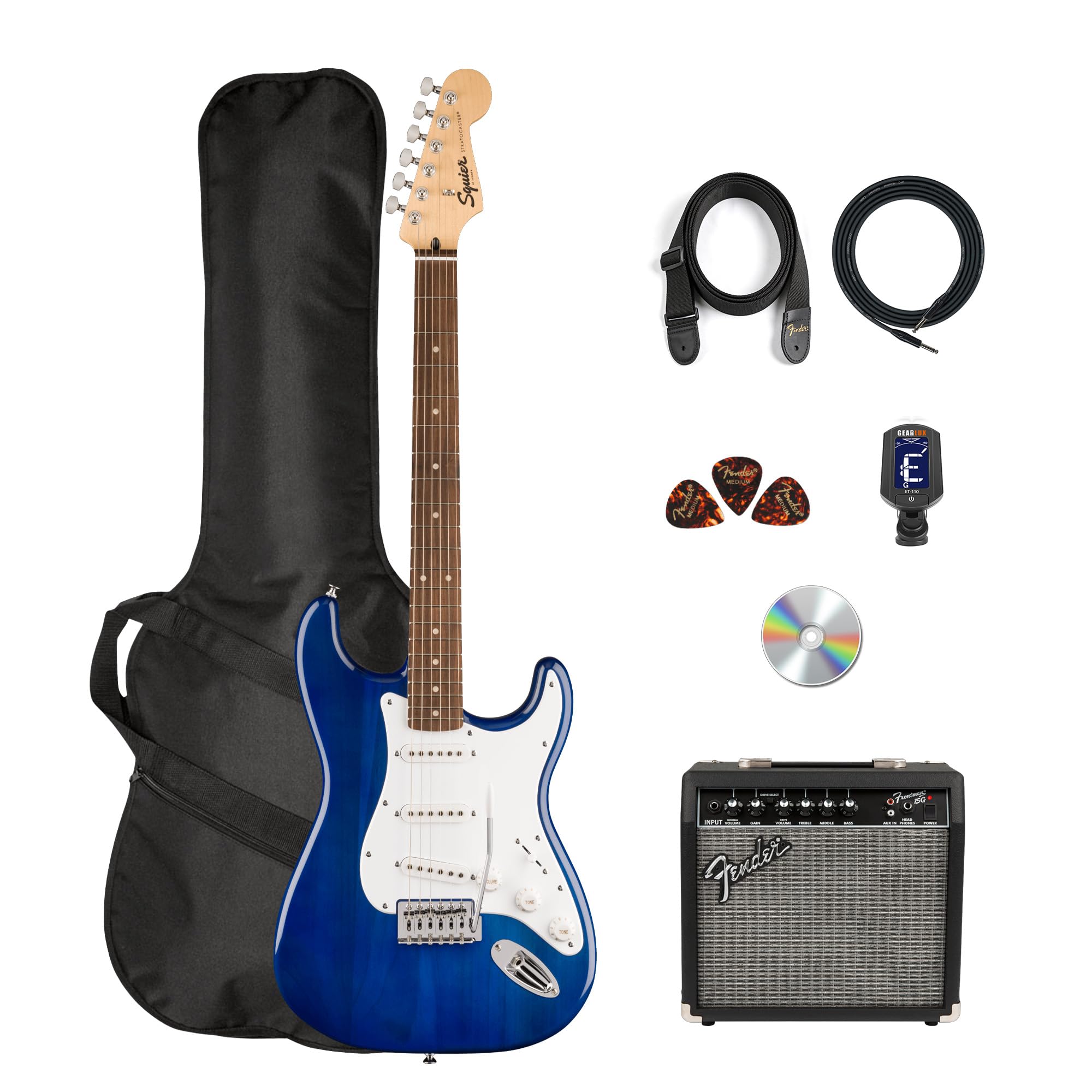 Fender Squier Sonic Stratocaster Pack - Sapphire Blue Transparent Bundle with Frontman 10G Amp, Gig Bag, Instrument Cable, Strap, and Picks