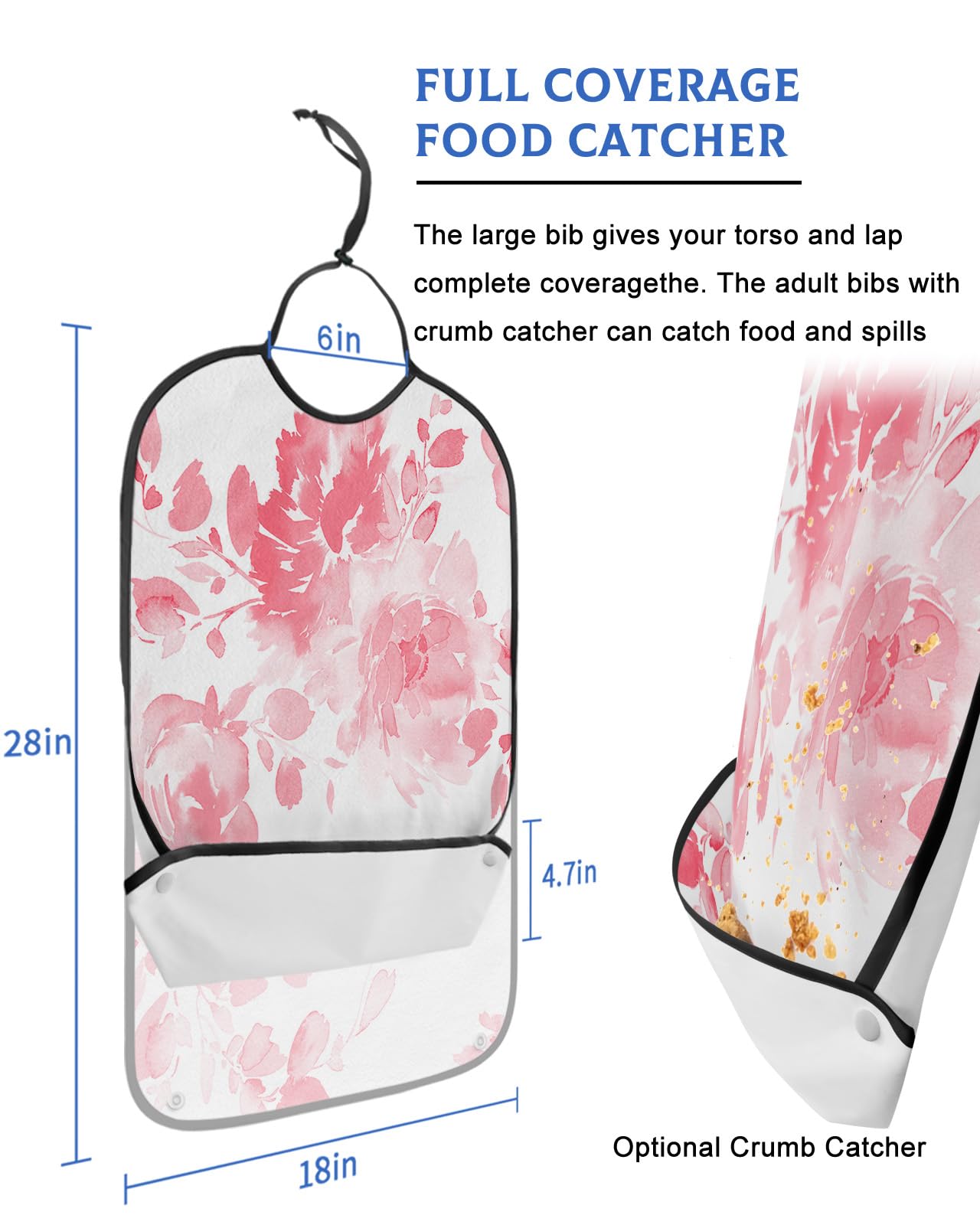 LEOKOTI Pink Botanical Adult Bibs for Eating, Waterproof Bibs with Food Catcher & Snap Closure, Watercolor Pink Spring Floral Abstract Art Washable Clothing Protectors Adult Bibs for Elderly