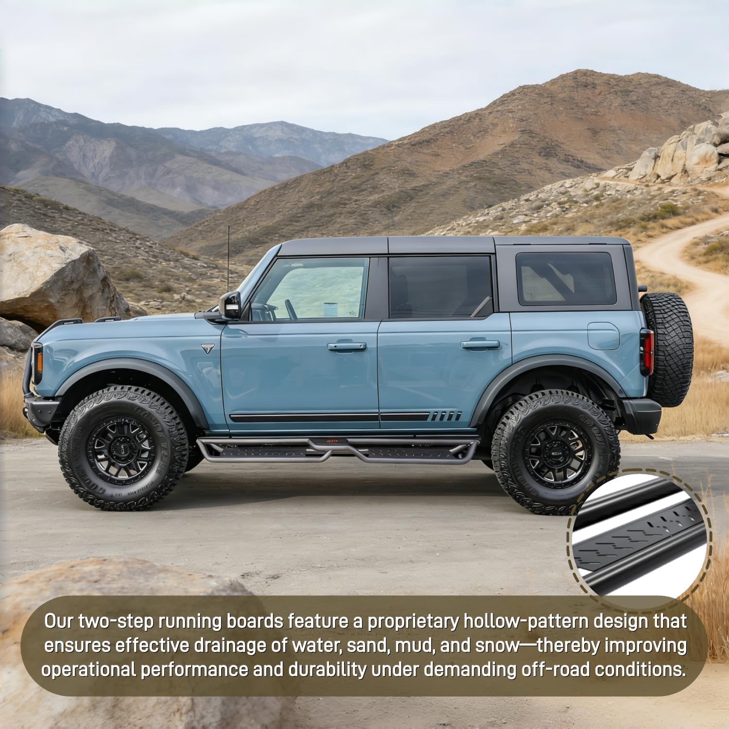 Carbon Steel Drop Step Running Boards for 2021 22 23 24 25 2026 Ford Bronco 4 Doors (Not for Sport Model) Two-Stairs Side Steps Rails Coated Black Nerf Bars Bolt-on Step Plates Rock Sliders Rail