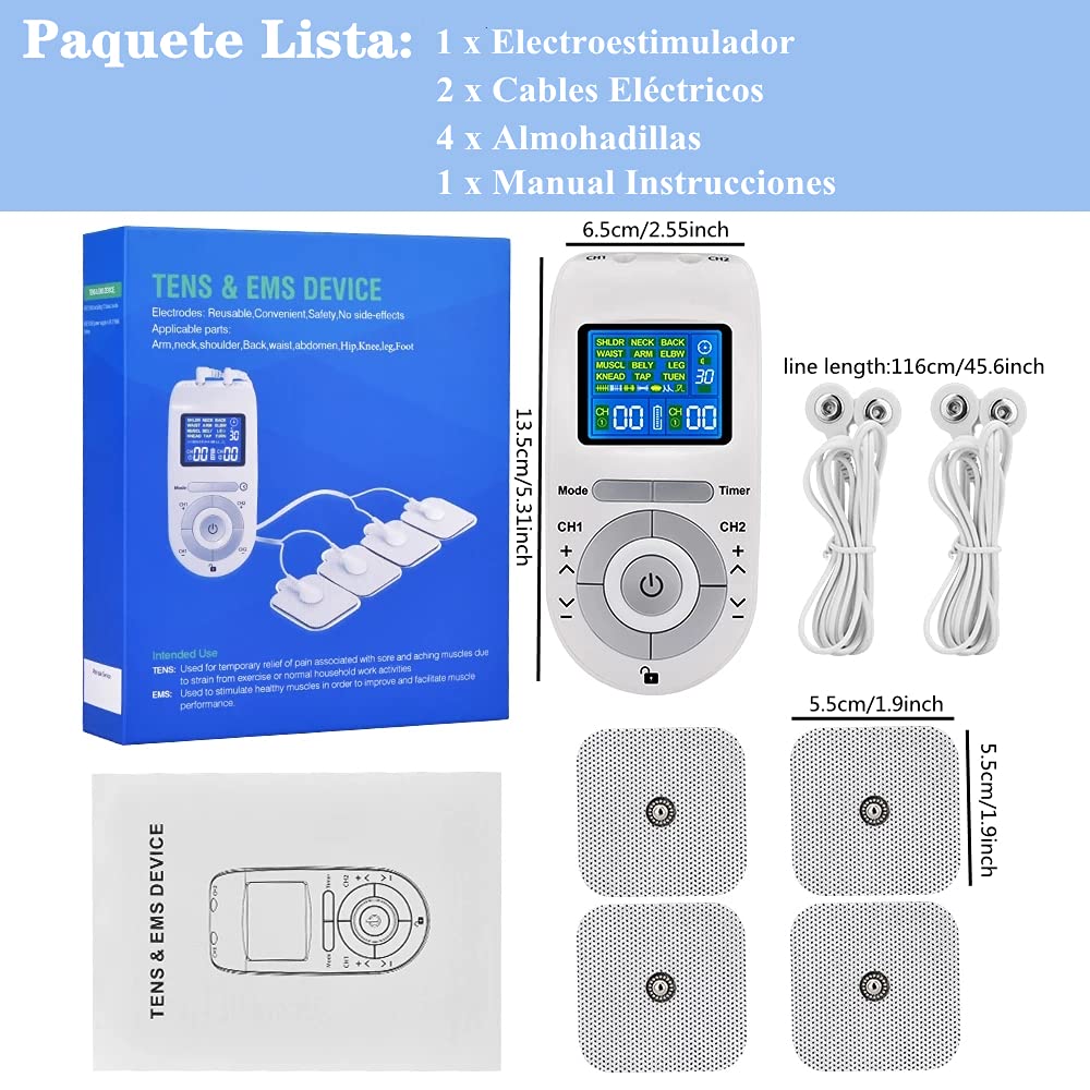 Electroestimulador Muscular, [12 Modos, 40 Intensidad] Tens Electroestimulador con 2 Canales, 4 Electrodos Autoadhesivos, Tens Ems Principio, Tens Fisioterapia para Relajar y Masajear Los Músculos