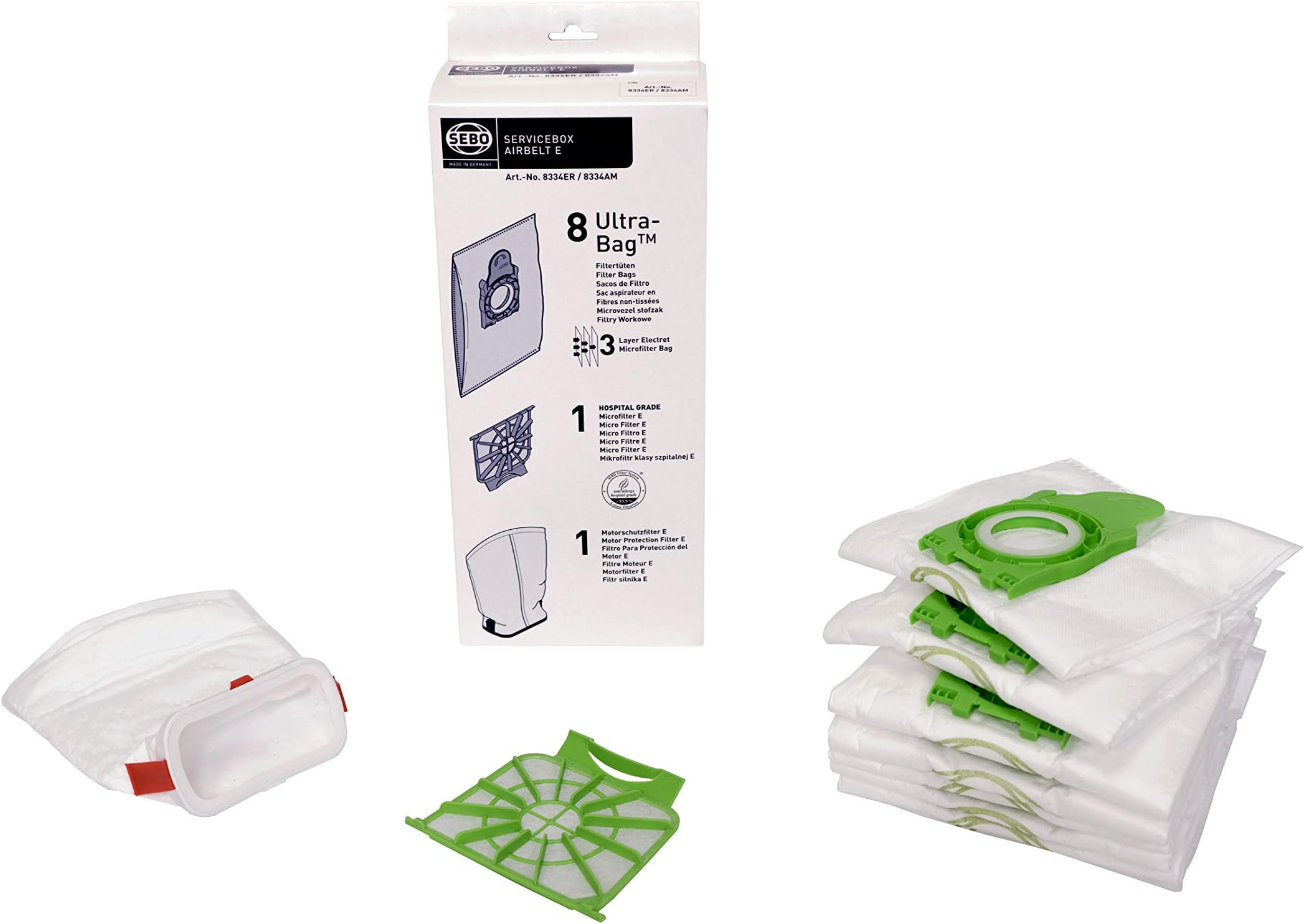 SEBO8334er Service Box for Airbelt E Includes 8 Ultrabag Filter Bags, 1 Hospital-Grade Filter and 1 Motor Protection Filter, White