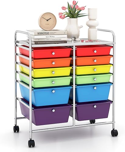 Miniatura 41 de LDAILY Carrito de almacenamiento con ruedas de 9 cajones, carrito rodante con cajones para aula, organizador de manualidades con ruedas con marco de