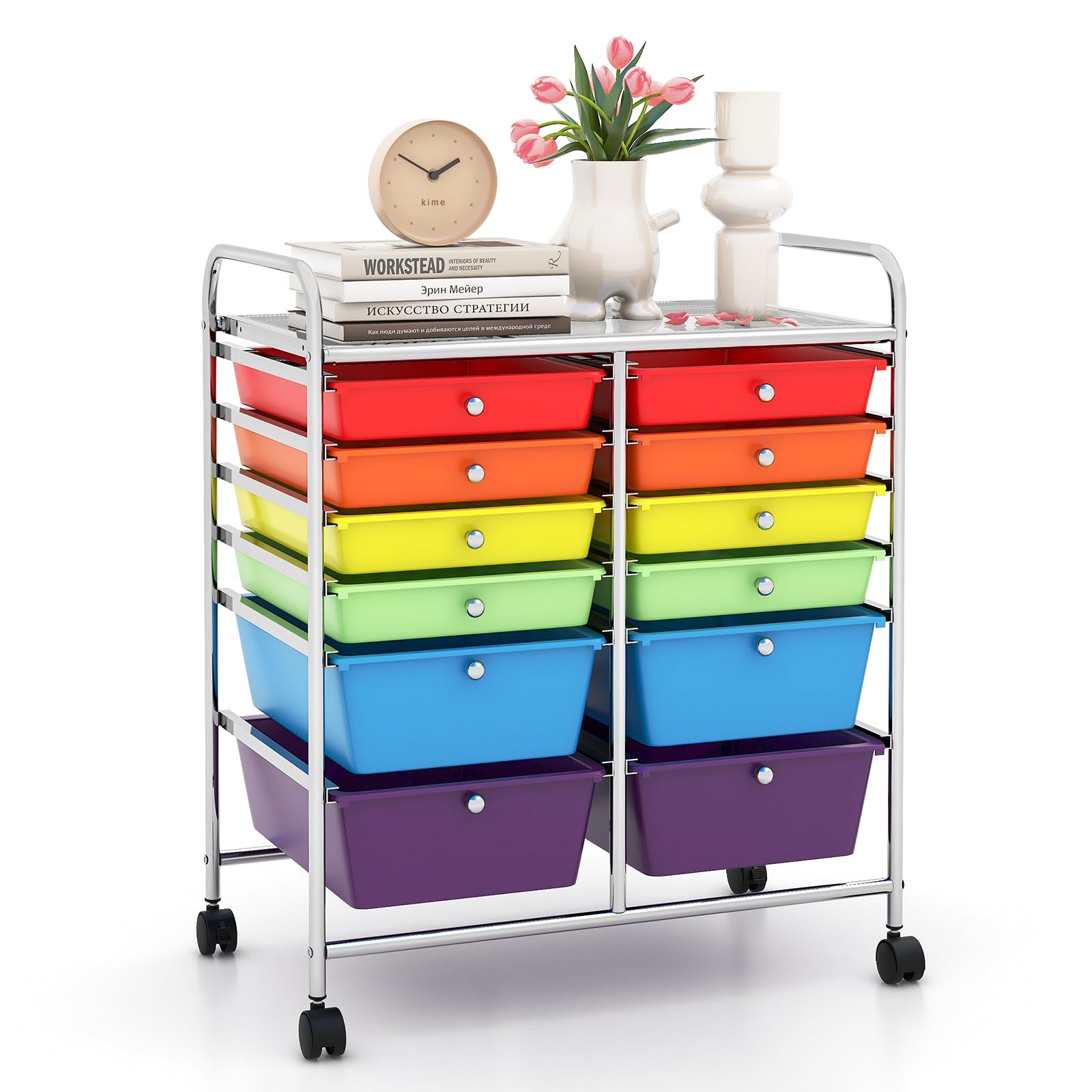 LDAILY 12 Drawer Rolling Storage Cart, Craft Cart Organizer on Wheels w/Metal Frame, Large Capacity &amp; Smooth Drawer, Rolling Cart w/Drawers for Classroom, Office