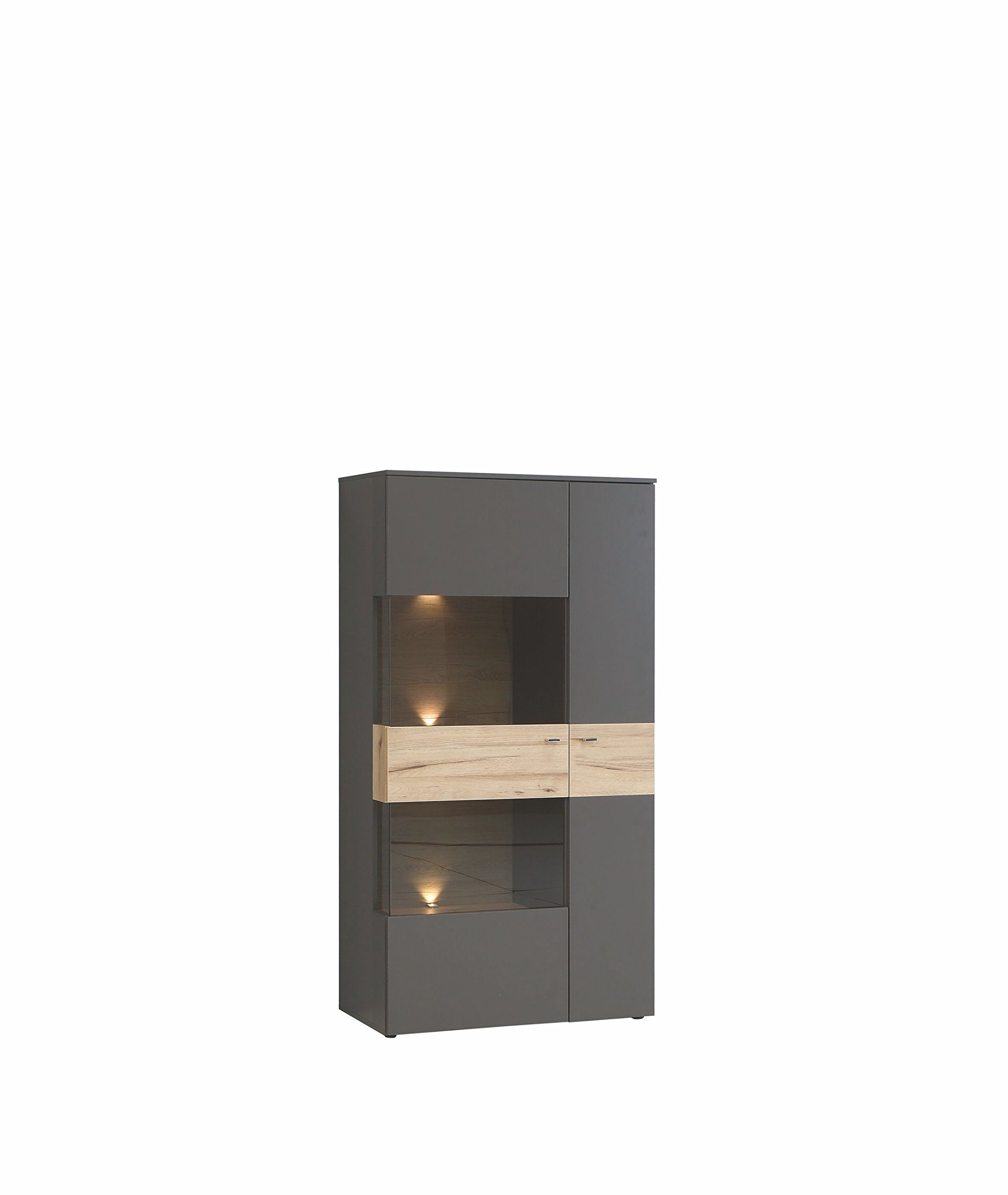Forte Como Wohnwand 320, Moderne Wohnwand mit 5 Türen, 1 Schublade, Schrankwand, Holzwerkstoff, Uni Wolfram Grau/Stabeiche Holzdekor, 319,3 cm breit x 203,3 cm hoch x 52 cm tief