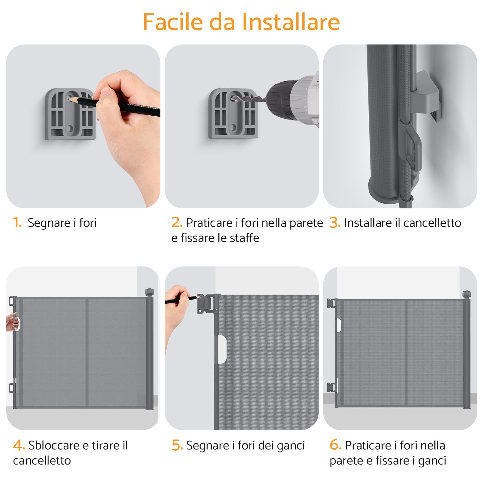 Cancelletto di Sicurezza Estensibile per Bambini e Animali Domestici 0-140cm, Barriera Retrattile con Rinforzo in Fibra di Vetro e Blocco a Pomello, per Scale, Interno ed Esterno, Grigio