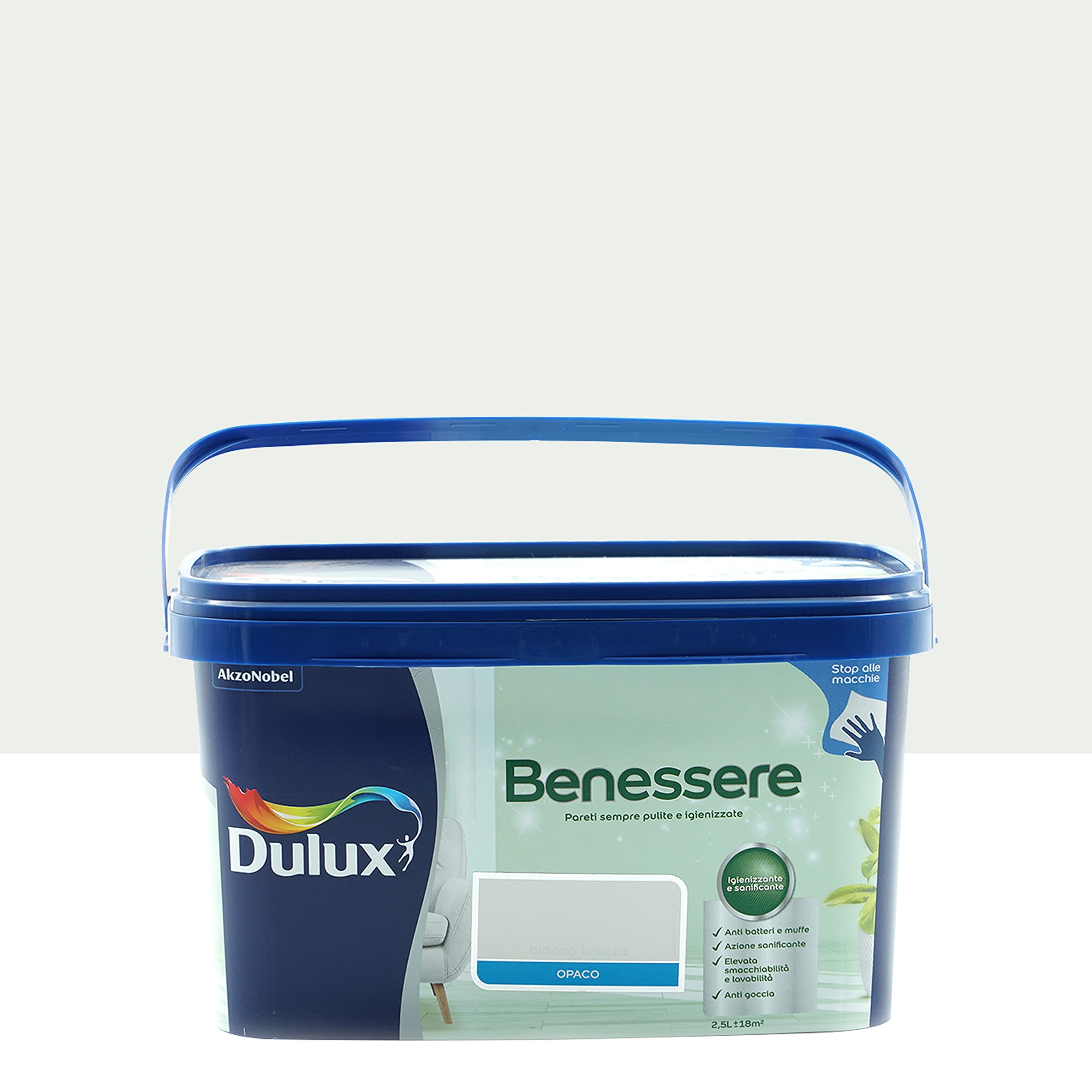 Dulux Benessere Pittura Colorata all'Acqua per Interni Superlavabile Anti Muffa Anti Batteri con Ioni D'Argento, 2.5 Litri, Bianco Brezza, 2.5L