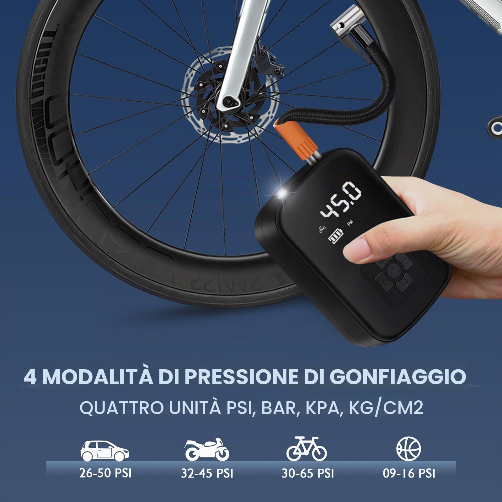 motomoyo Compressore Aria Portatile,4000mAh Mini Compressore 4 Modalità Air Pump Elettrica 150PSI Gonfia Gomme Auto Portatile con Schermo LCD Digitale e Torcia LED per Auto/Bici/Moto/Scooter/Pallone