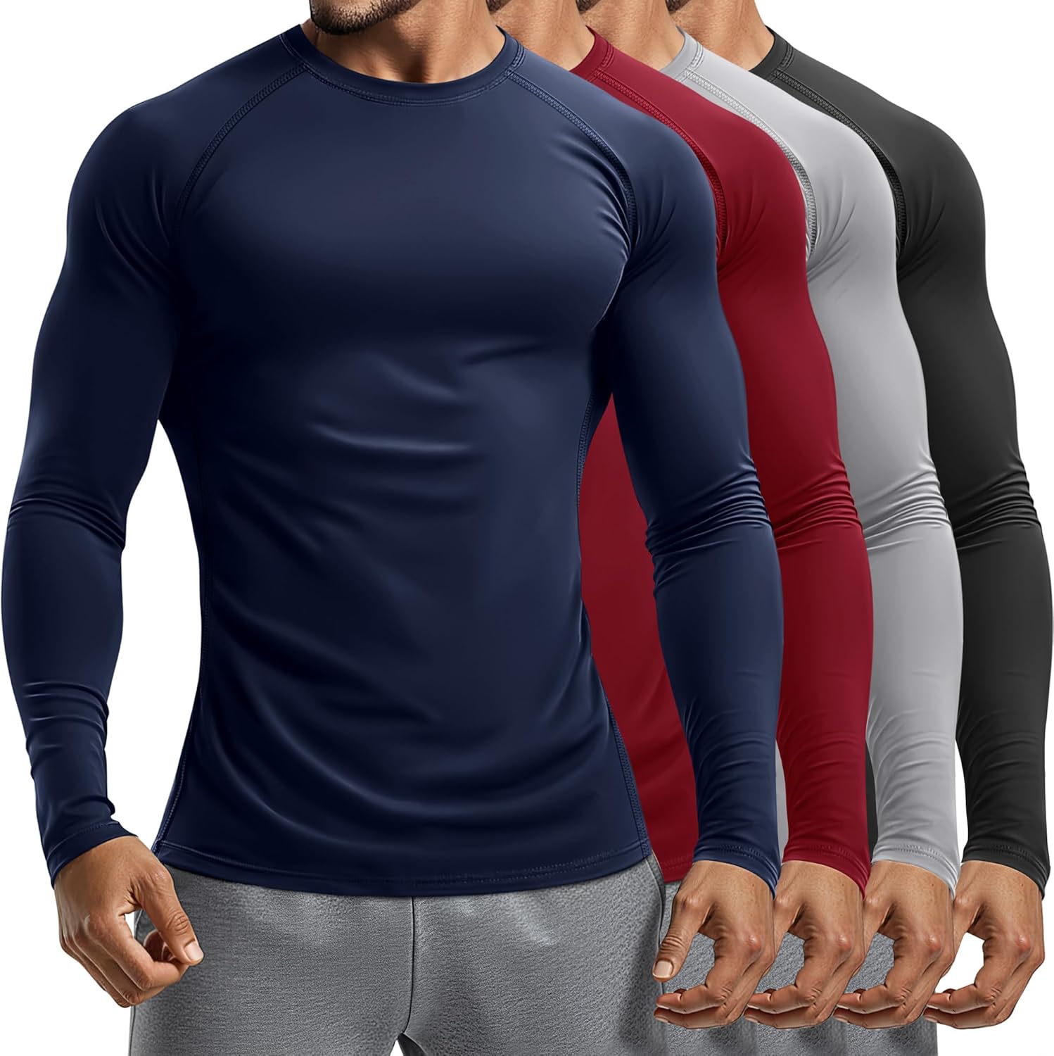 4 Pack Mens Long Sleeve Compression Shirts Crew Neck Workout Tight Tops Athletic Base Layer Undershirts