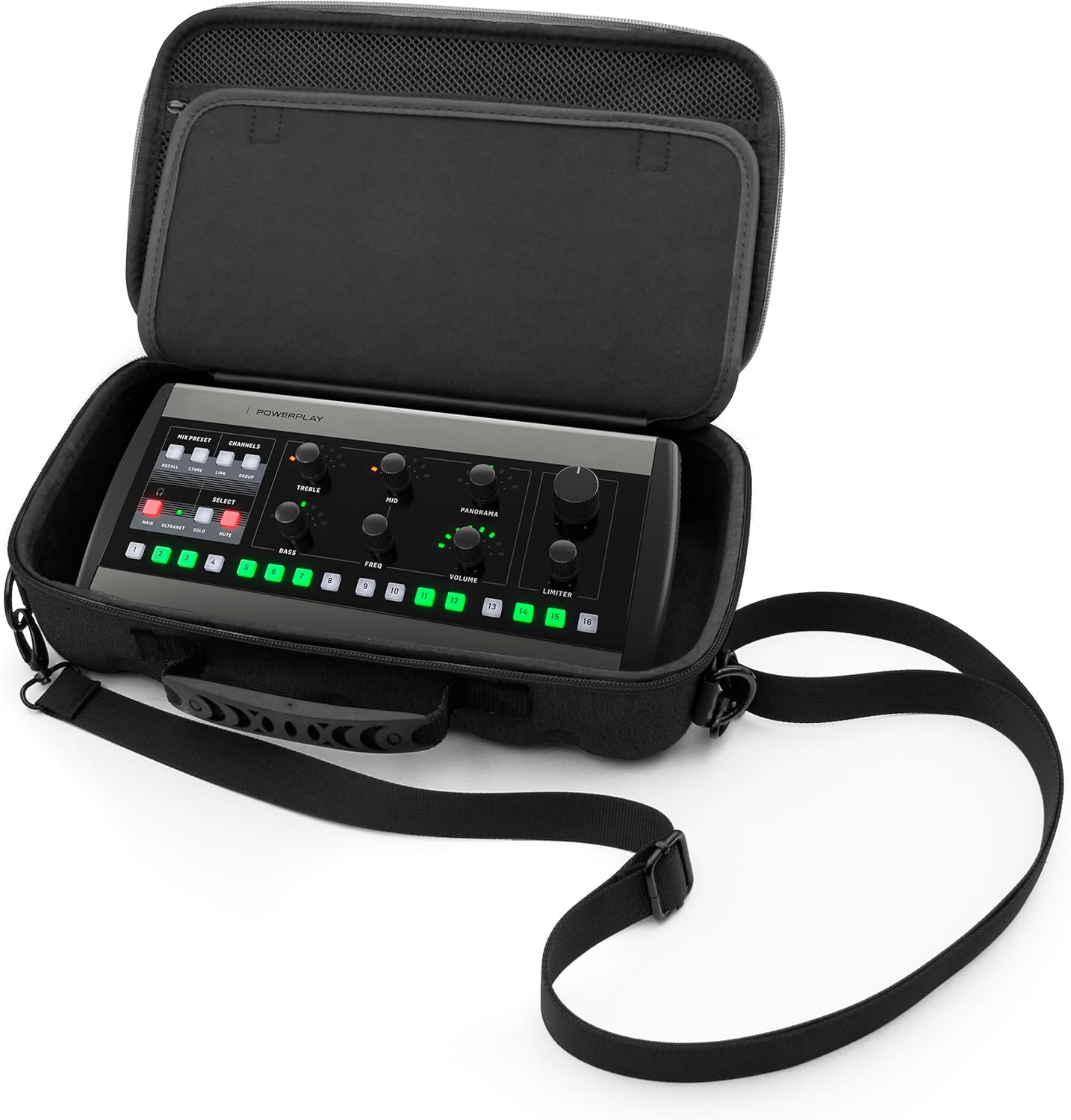 CASEMATIX Mixer Case Compatible With Behringer P16 Stage Mixer and P16-HQ Powerplay In Ear Accessories, Cables and Power Adapters, Fits Mixers up to 12.0” x 6.0” x 2.5” With Shoulder Strap