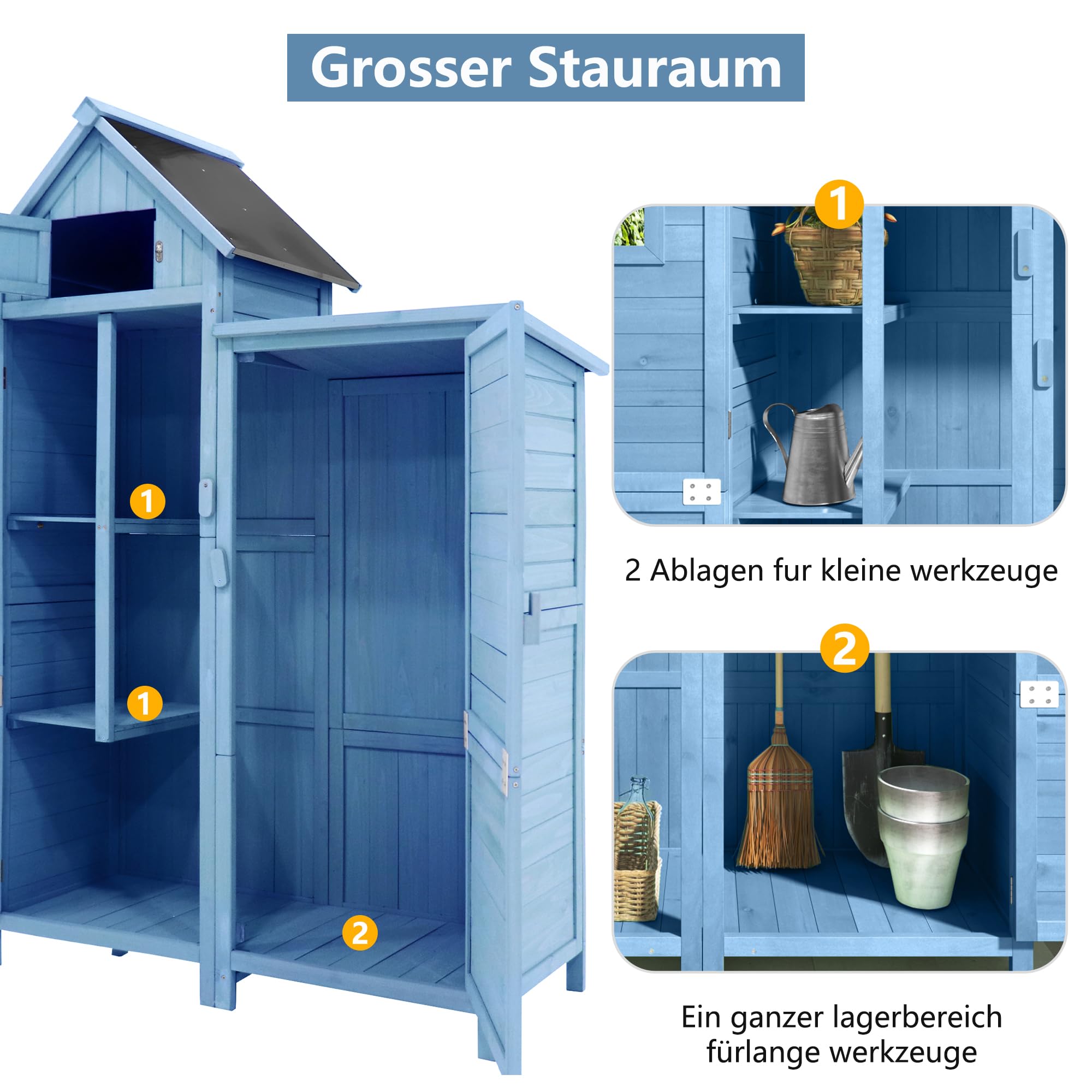 Su & Chan Legence Gartenhaus aus Holz, Geräteschuppen mit 2 Ablagen, 2 Türen und PVC-Dach, wetterfest Gartenschrank für Garten, Balkon und Terrasse, Blau