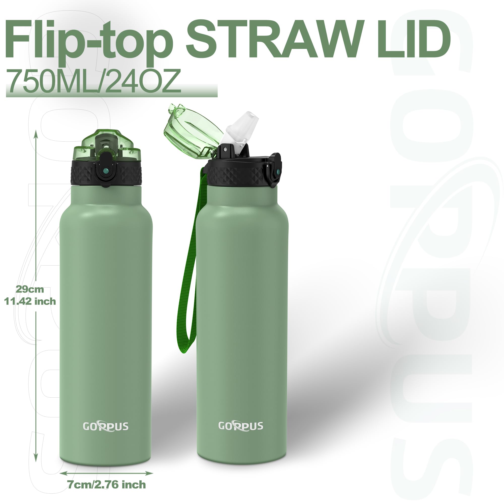 GOPPUS 750ml/26oz Stainless Water Bottle with Straw Double Wall Insulated Bottles with Strap Reusable Vacuum Thermal Flask Leakproof Keep Cold Drinks Bottles with Flip Top Lid for Men Women BPA Free - Image 4