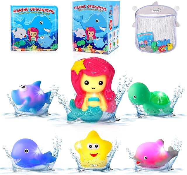 Orzbow Juguetes Baño Bebe,Ballena Juguetes Bañera Bebe Luminosos Organismos Marinos sin Agujeros con Libro de Baño Mágico,Delfín Bañera Flotante Juguetes Tiburón para Bebe de más de 6 Meses sin BPA