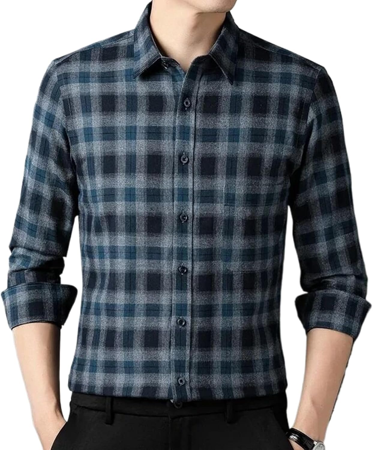 Cotton Shirts for Men Slim Fit Casual Plain Shirt Long-Sleeve Tops
