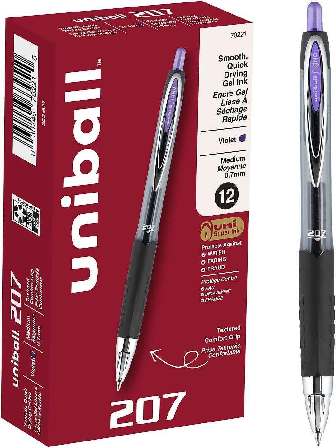 Uni-Ball 70221 Signo 207 Retractable Gel Pen, Purple Ink, 0.7mm/Medium, Dozen