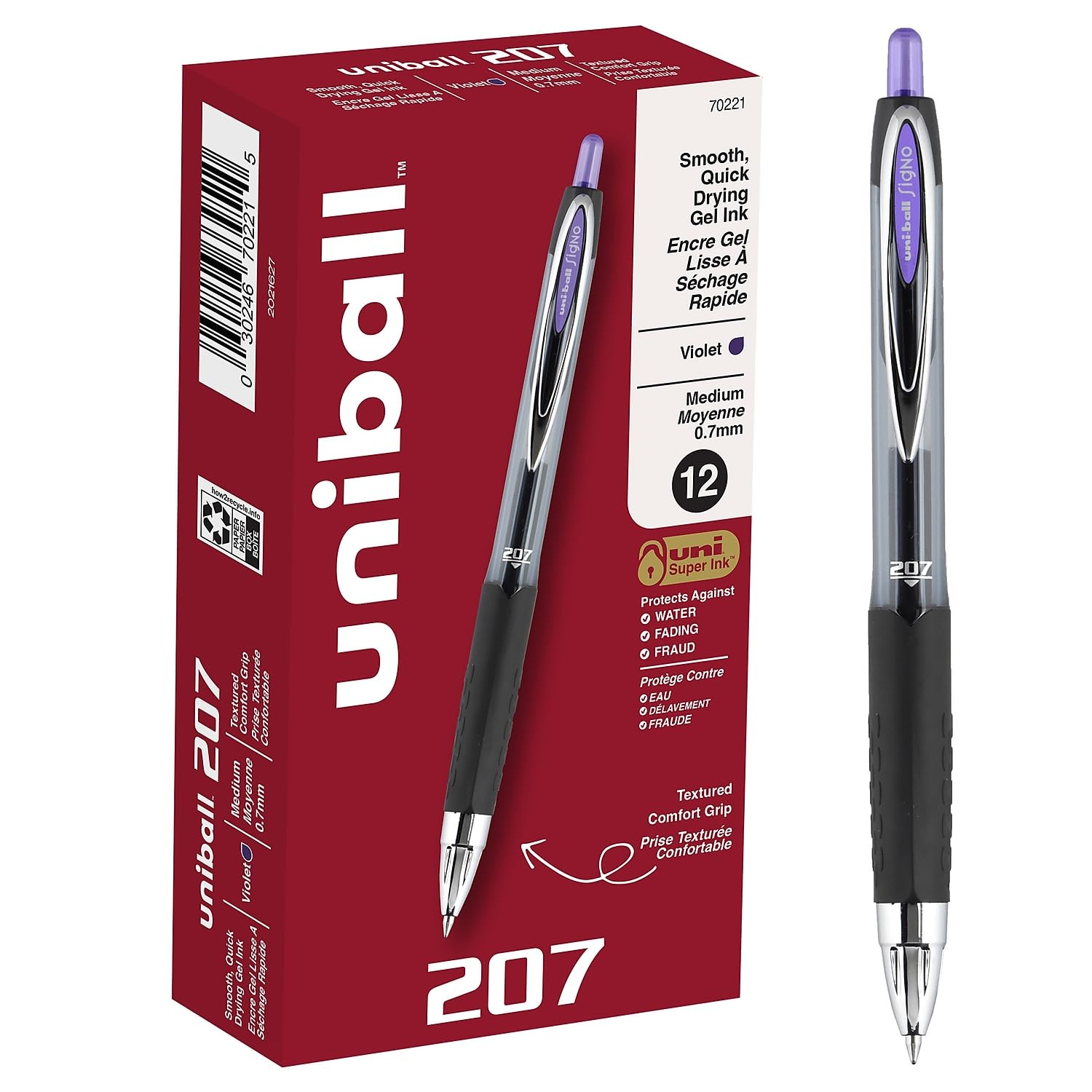 Uni-Ball 70221 Signo 207 Retractable Gel Pen, Purple Ink, 0.7mm/Medium, Dozen