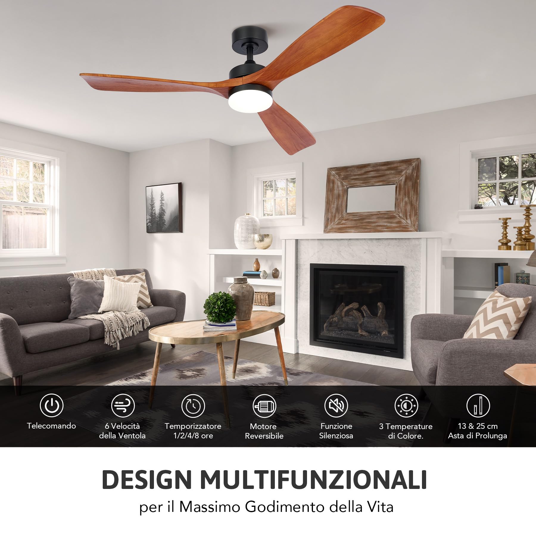 VONLUCE 132 CM Ventilatori da Soffitto con Luci e Telecomando Ventilatore da Soffitto in Legno con 3 Pale Motore DC Reversibile Silenzioso a 6 Velocità per Camera da Letto Soggiorno Studio Patio, Noce
