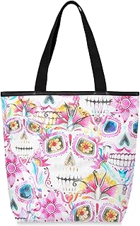 Sacolas de lona com zíper e bolso interno, bolsa de ombro feminina casual bolsa de mão estampa de flores de rosto de caveira, bolsas de compras reutilizáveis de cozinha, bolsas de lona para uso para bolsas de livros, sacolas de compras, sacolas de presente, Multicor