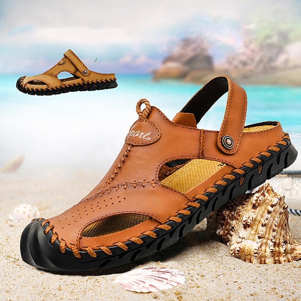 Men closed toe leather sandals hand stitched breathable with hollow out design adjustable back strap outdoor driving and walking sandals