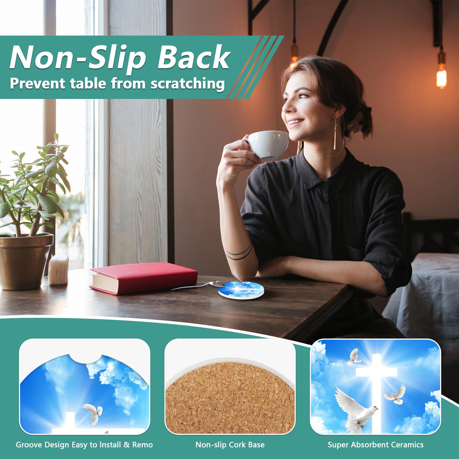 2 Pack Blessed Car Cup Holder Coasters - Cross Heaven Absorbent Ceramic Coaster Car Coasters for Cup Holders — view 3