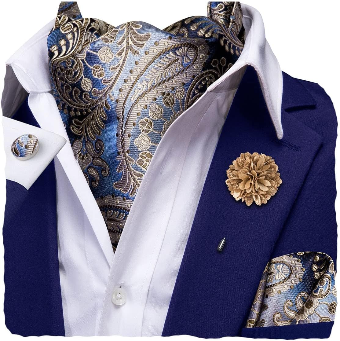 Silk Ascot for Men Self Tie Men's Cravat and Flower Lapel Pin Handkerchief Cufflinks Set for Wedding Party