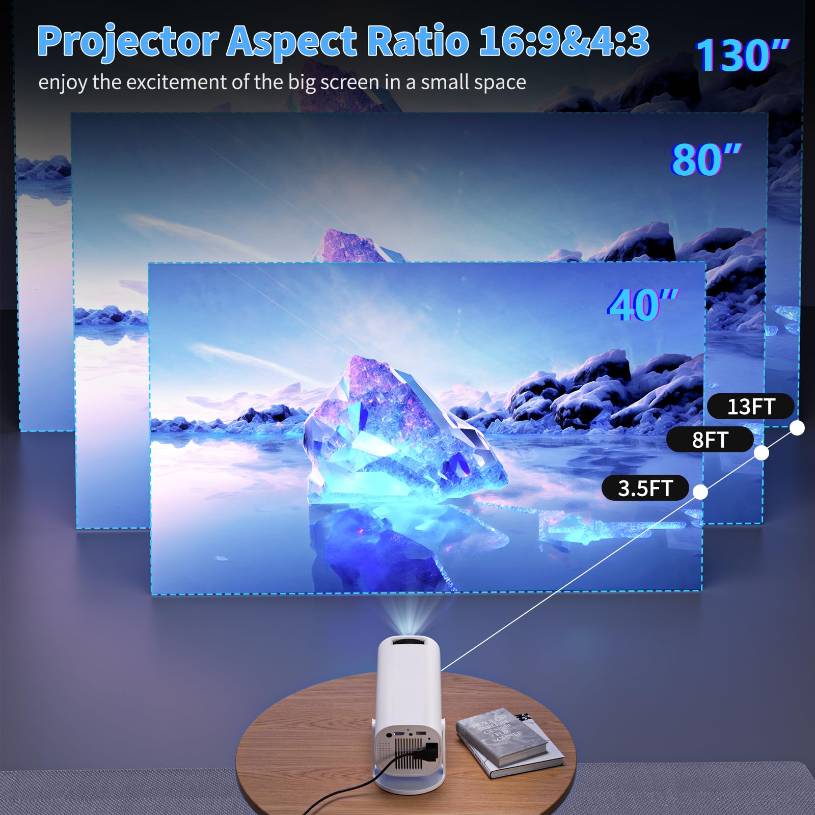 Projector with Wifi and Bluetooth,Portable Projector,Smart Projector Built-in Android System ,HiFi Speaker,Support 4k 8k HD Decoding ,Mini projector Ideal for Home Outdoor Meetings