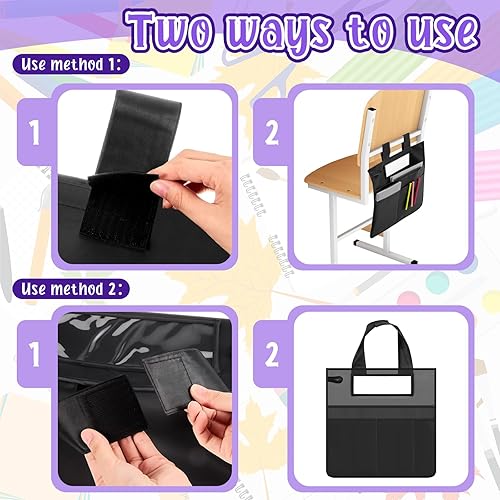 Miniatura 4 de 12 bolsillos para silla, organizador de sillas de aula, bolsa de almacenamiento colgante lateral con asa de transporte y ranura transparente para