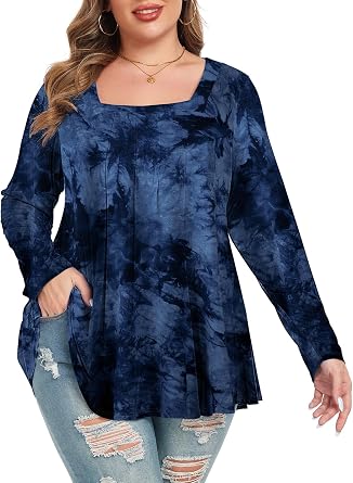 LARACE Plus Size Loose Fit Square Neck Long Sleeve Tunic Tops