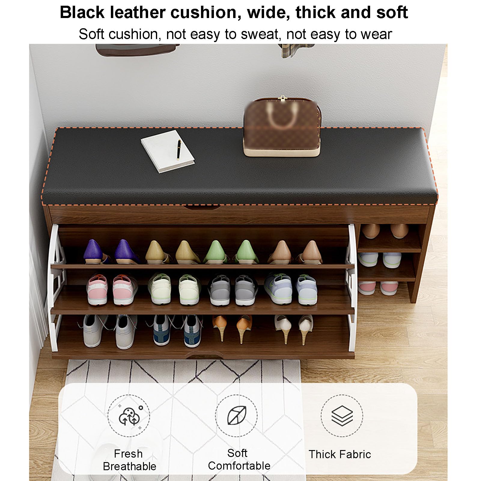 Shoe Bench, 3-Tier Shoe Rack For Entryway, Storage Organizer With Foam Padded Seat Faux Leather Metal Frame For Living Room Hallway - View #12