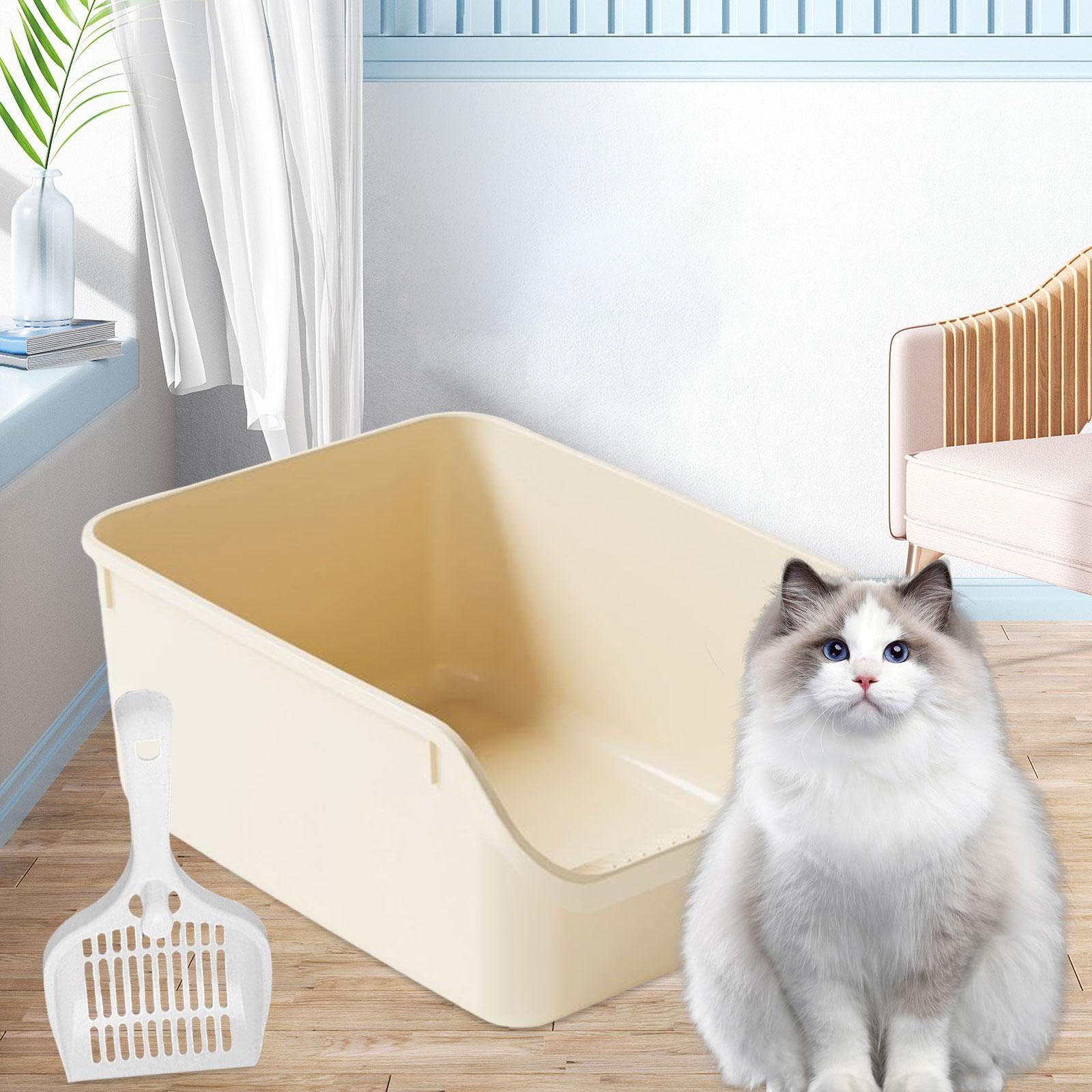Offene Katzentoilette für Kätzchen, Katzenzubehör, Spritzschutz, Sandkasten, Halbgeschlossene Katzentoilette, Extra Groß, Beige